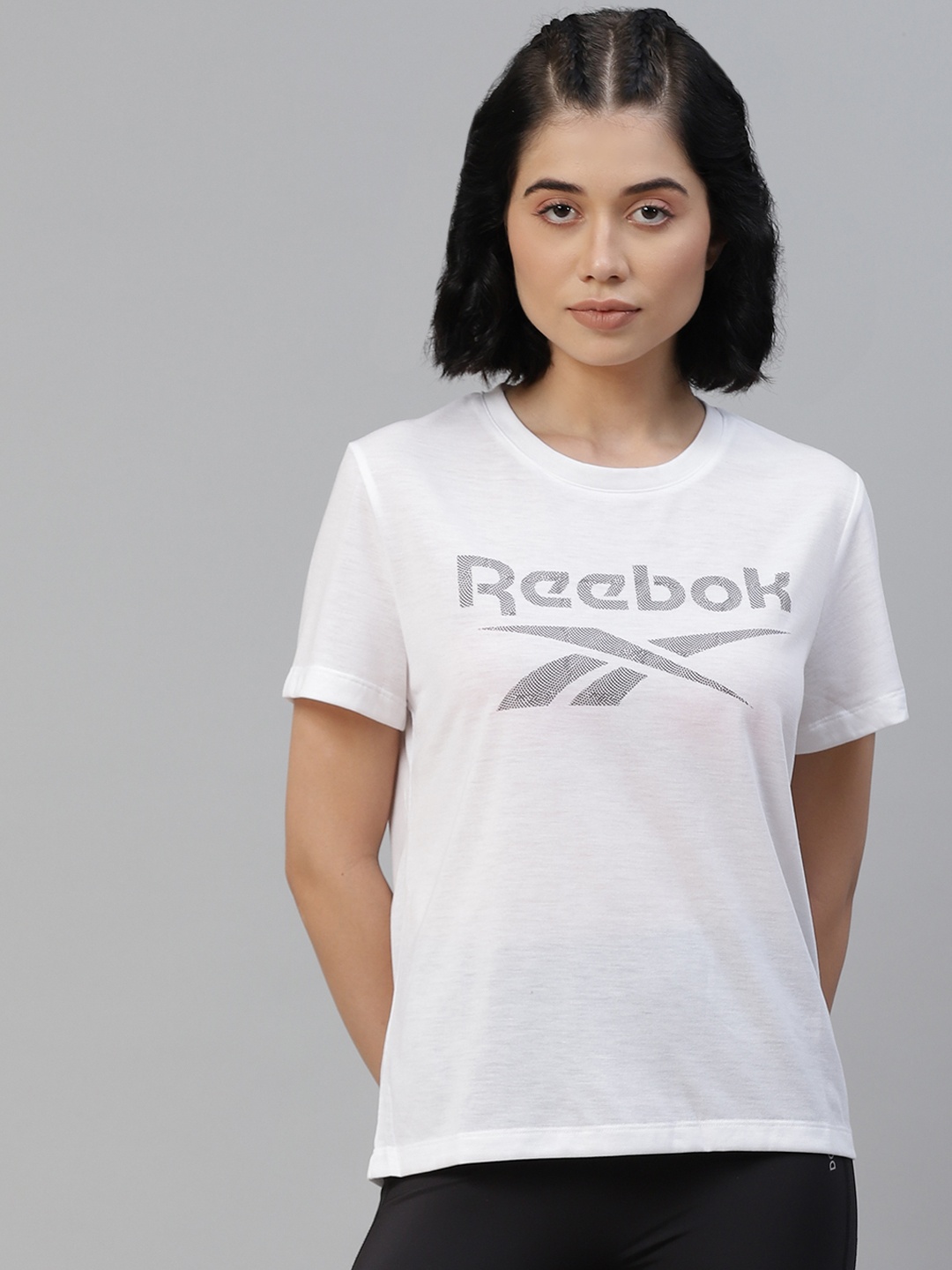 

Reebok Women White Printed Workout Ready Supremium Slim Big Logo Training T-Shirt