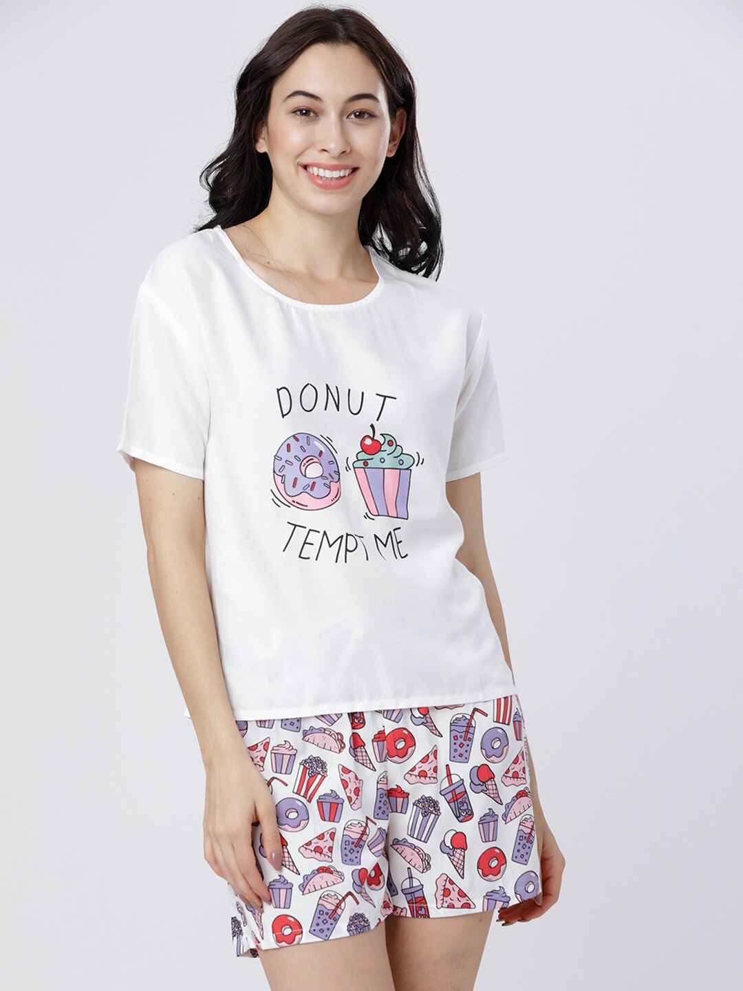 

Tokyo Talkies Women White & Violet Printed Night Suit