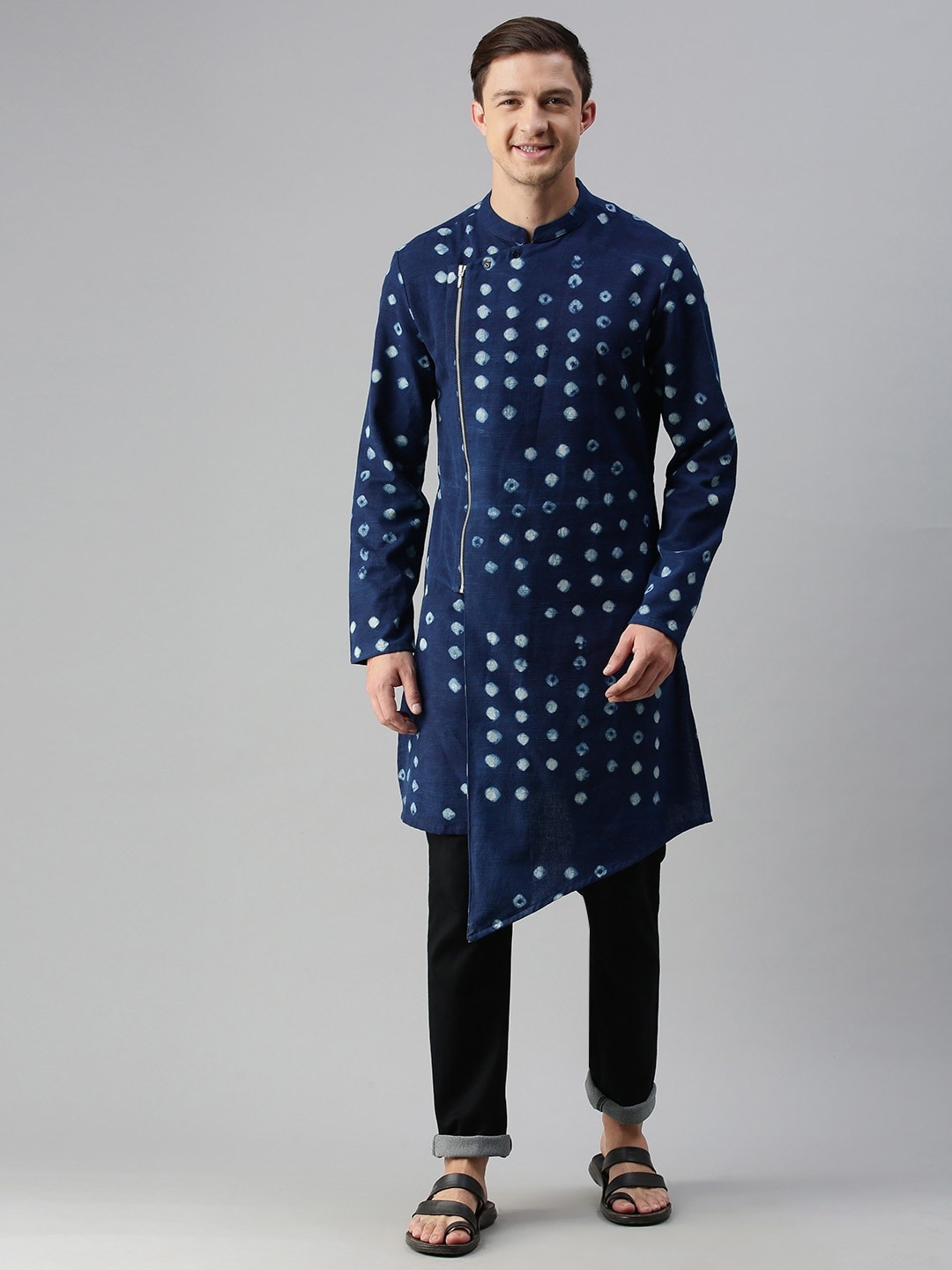 

THE BEAR HOUSE Men Blue & White Dyed Indigo Zipper Kurta