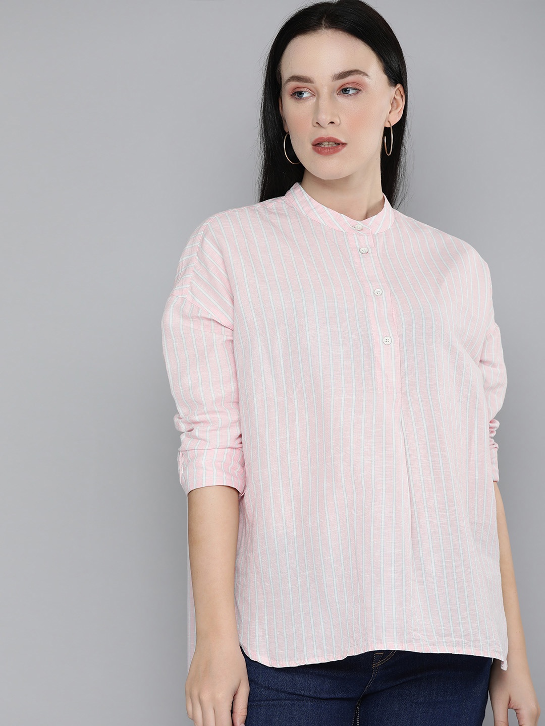 

Levis Pink & Blue Striped Mandarin Collar Linen Shirt Style Top