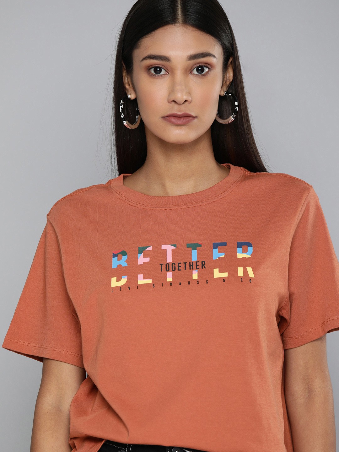 

Levis Women Rust Orange Typography Printed Sustainable Pure Cotton T-shirt