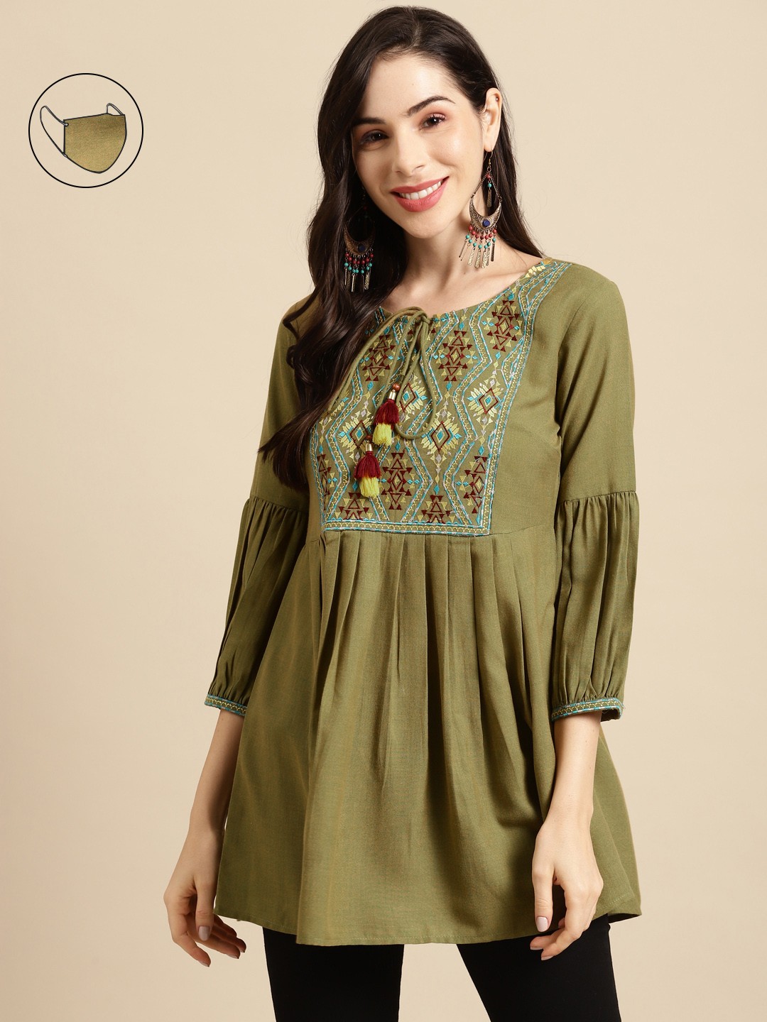 

RANGMAYEE Olive Green Ethnic Motifs Embroidered Gathered Tunic with Mask