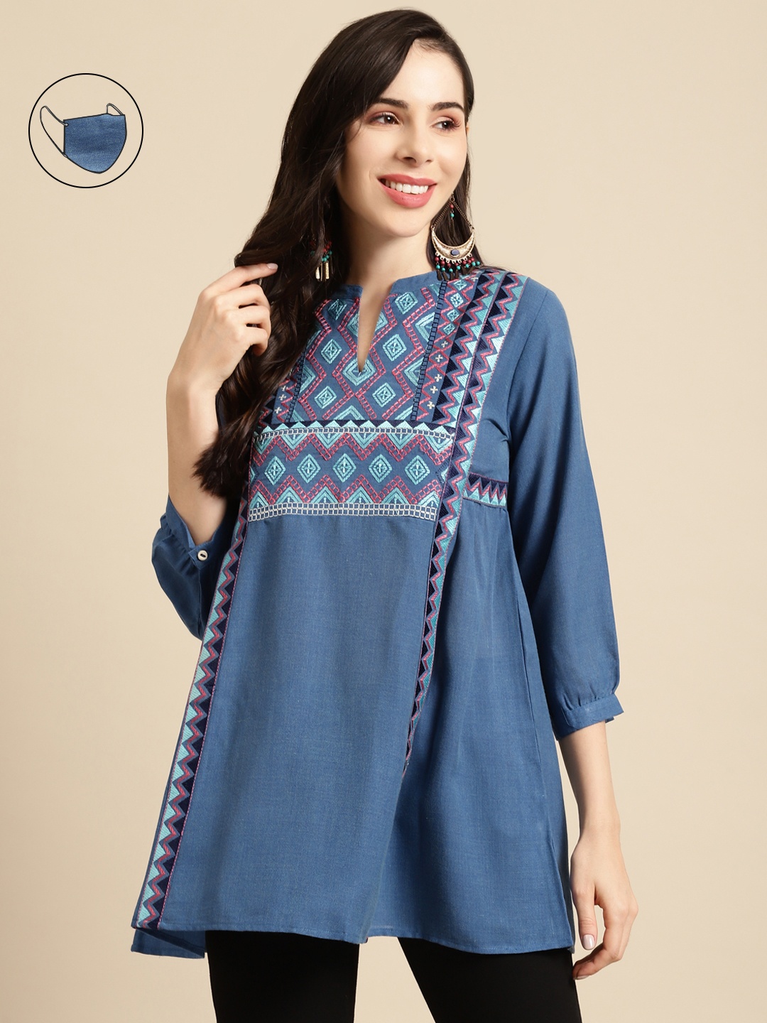 

RANGMAYEE Blue & Pink Geometric Embroidered Pleated Mandarin Collar Tunic with Mask