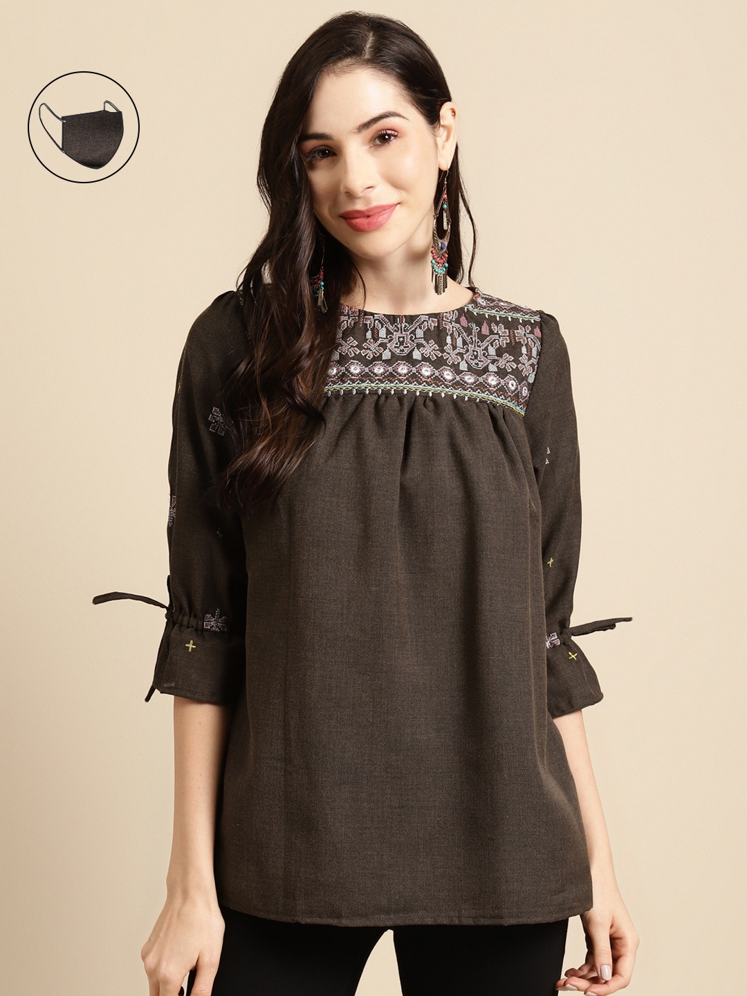 

RANGMAYEE Brown Geometric Embroidered Regular Top