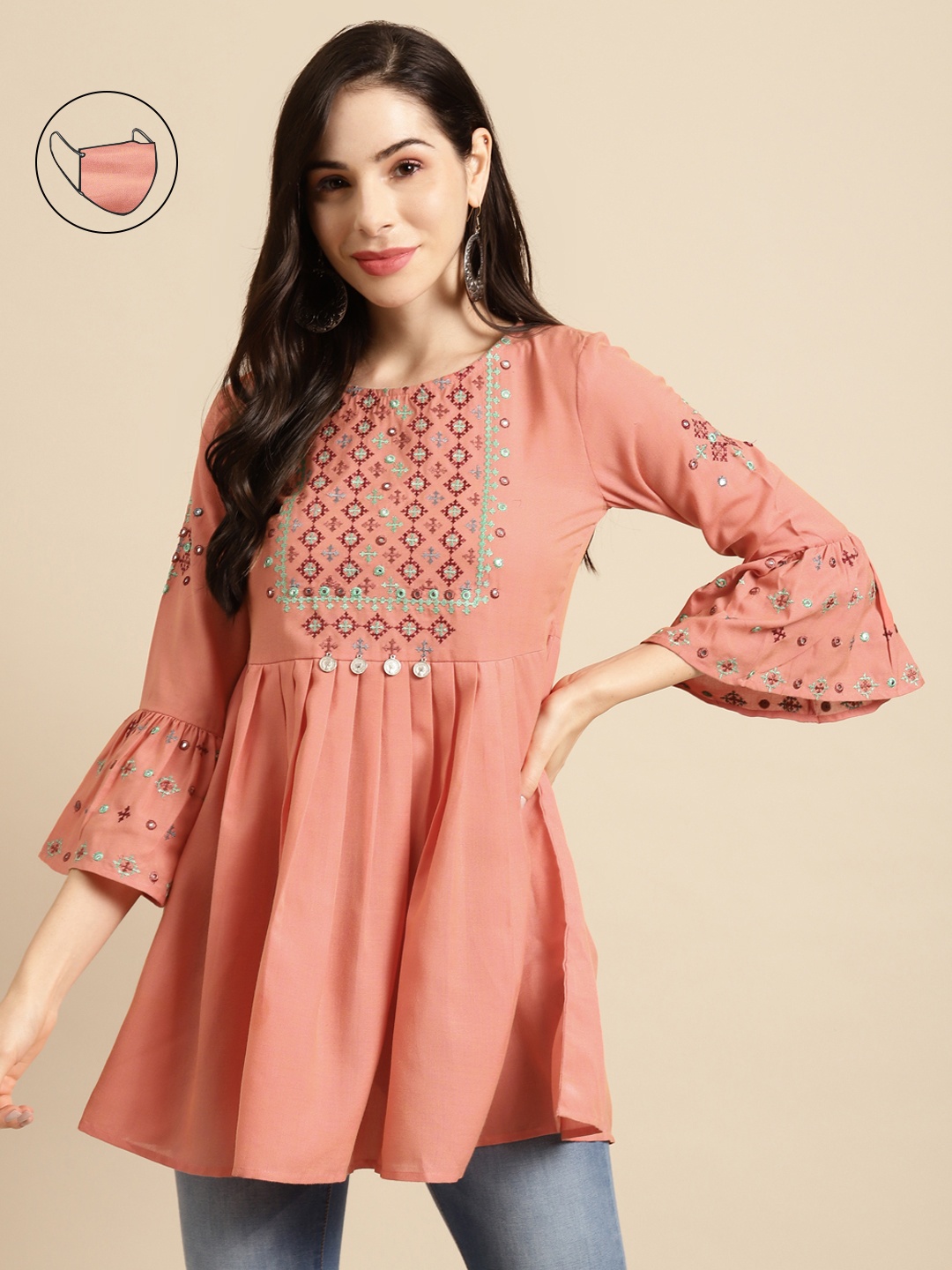 

RANGMAYEE Coral Orange & Maroon Embroidered Tunic