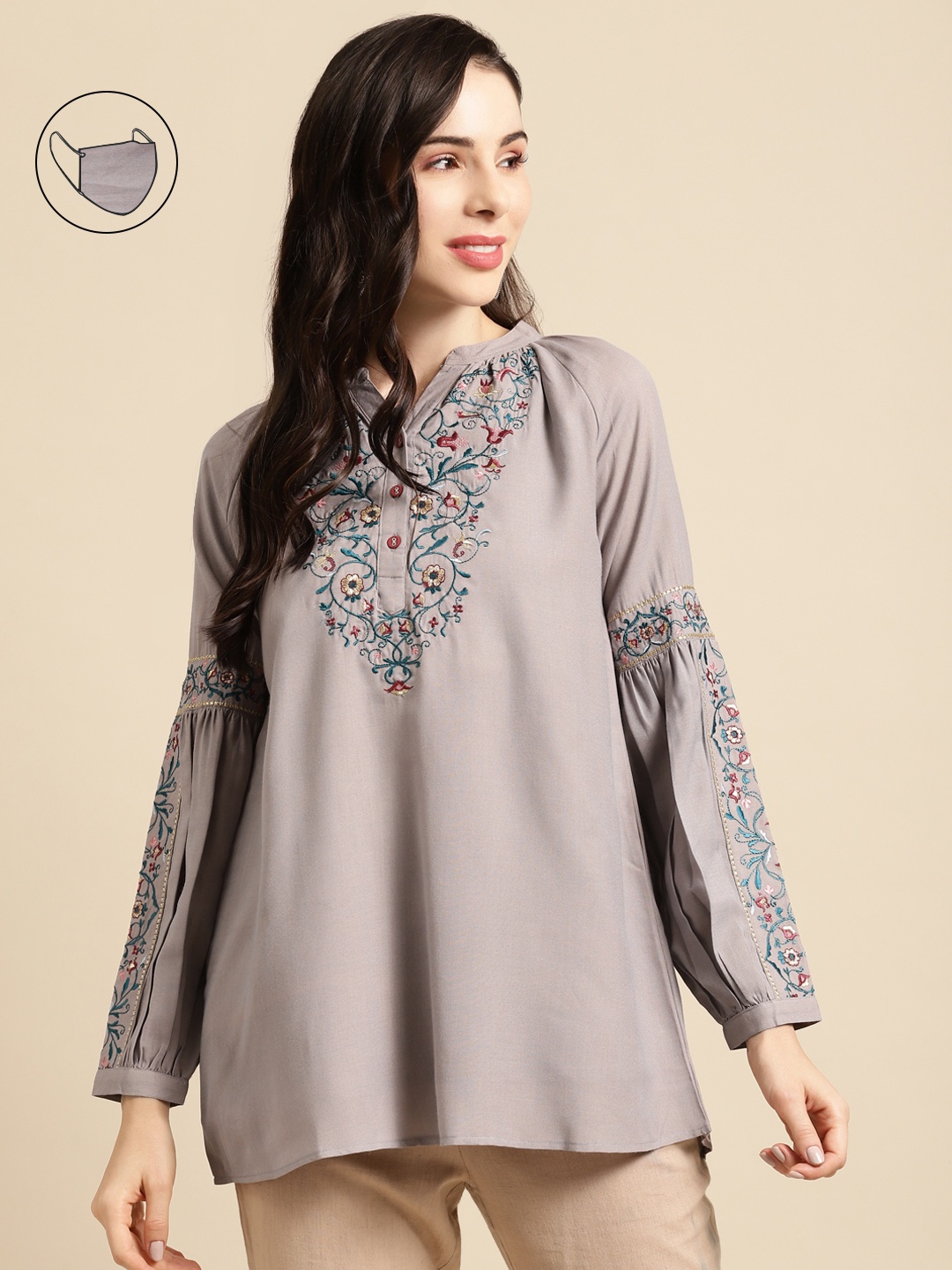 

RANGMAYEE Grey Mandarin Collar Embroidered Tunic