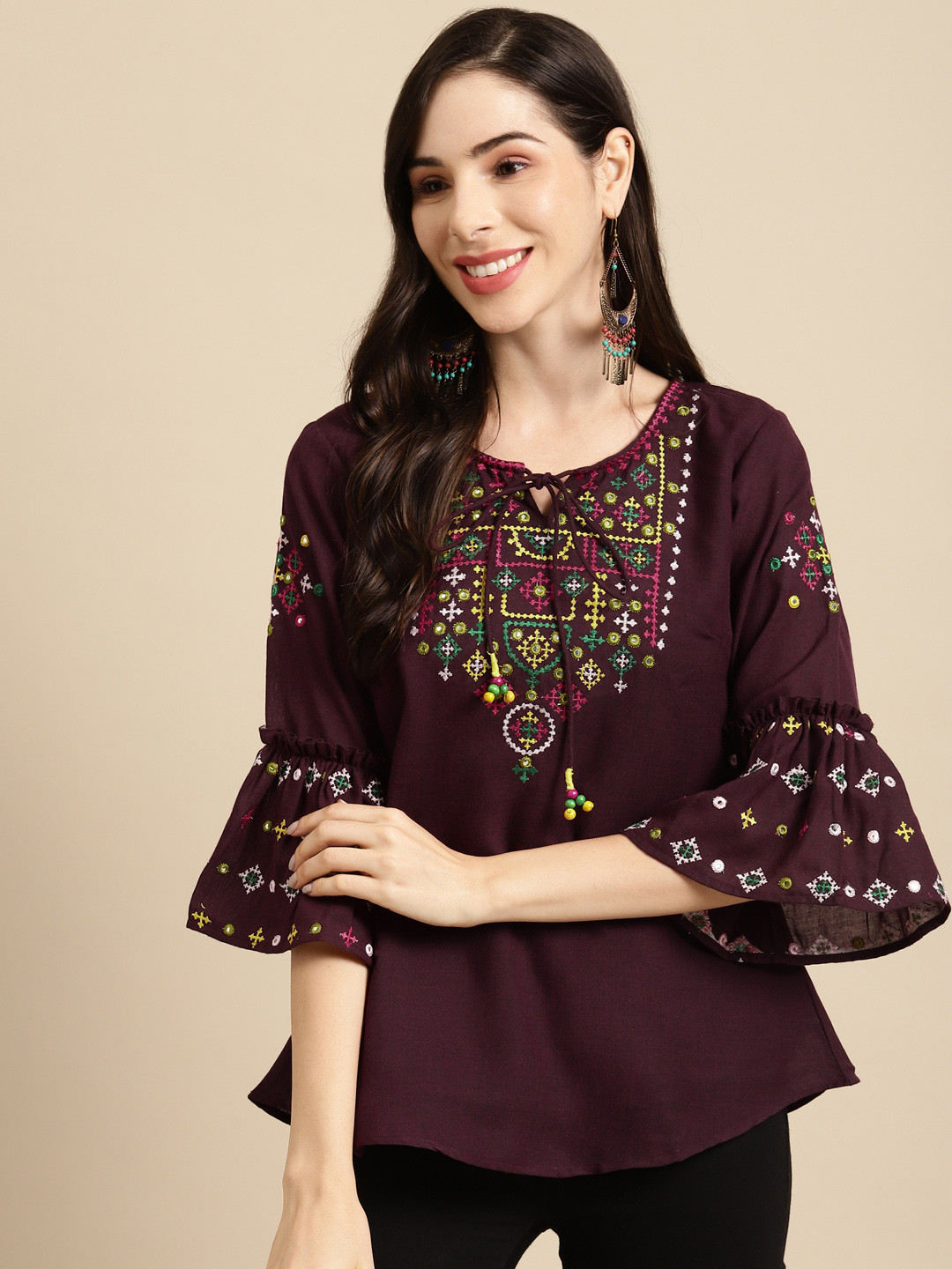 

RANGMAYEE Burgundy Geometric Embroidered Tie-Up Neck Bell Sleeve Regular Top