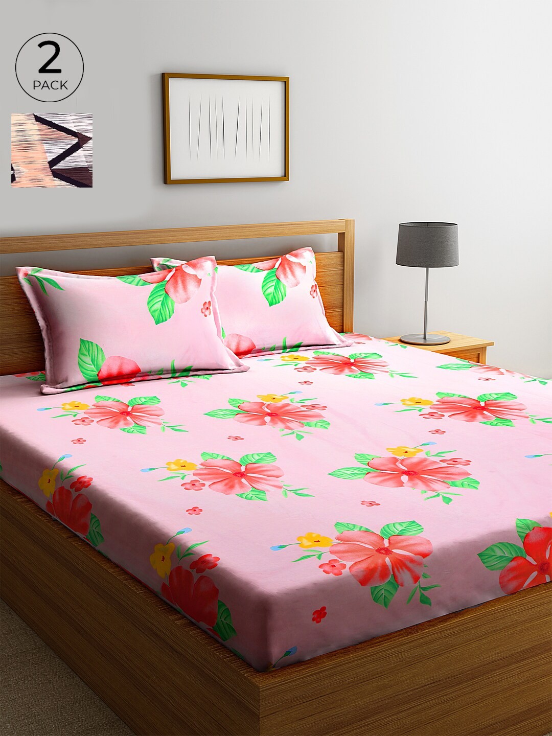 

KLOTTHE Pink & Peach-Coloured Floral 210 TC Cotton 2 King Bedsheet with 4 Pillow Covers