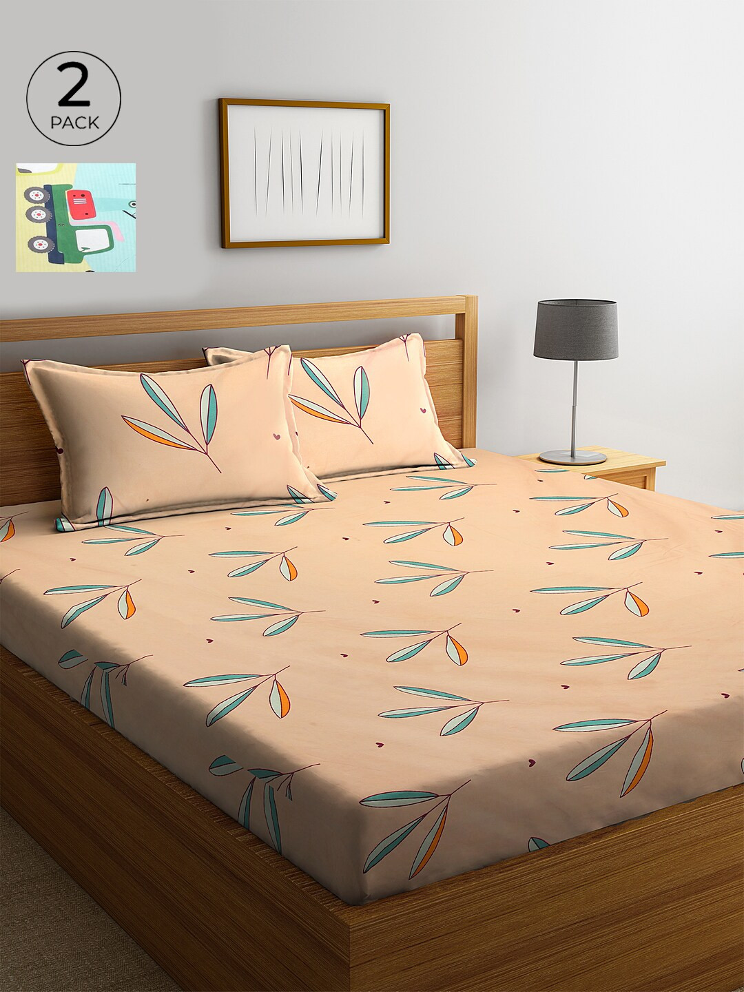 

KLOTTHE 210 TC Set of 2 Cotton King Bedsheet with 4 Pillow Covers, Peach