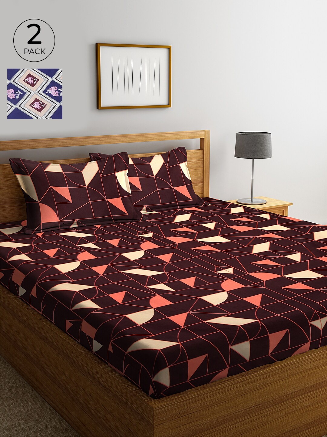 

KLOTTHE White & Brown Geometric 210 TC Cotton 2 King Bedsheet with 4 Pillow Covers