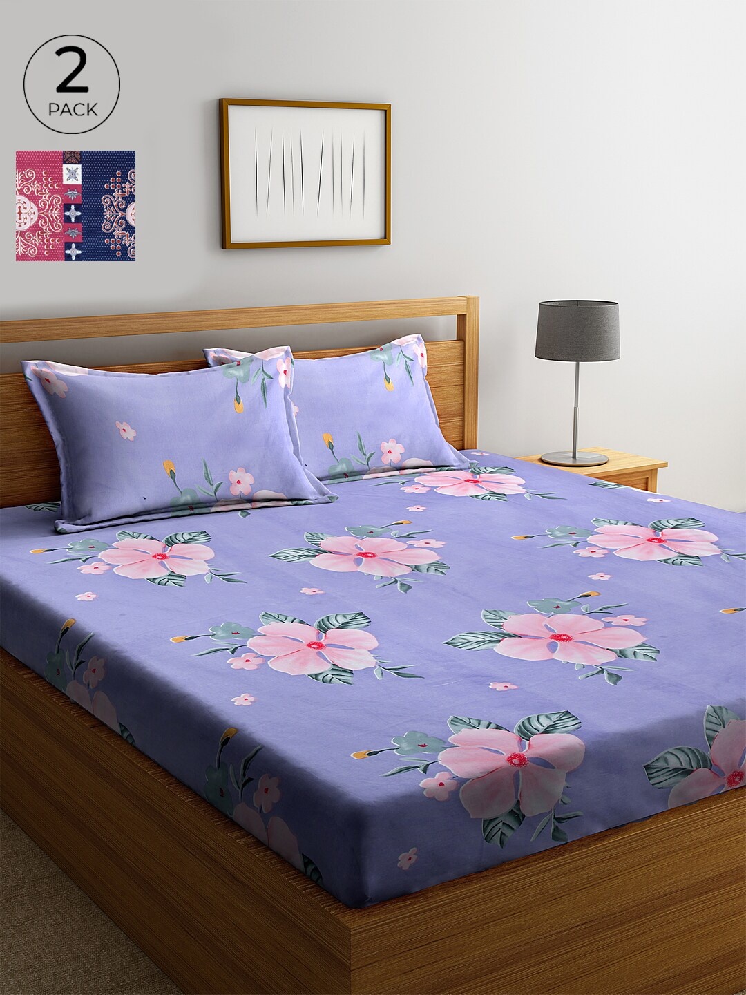 

KLOTTHE 210 TC Set of 2 Cotton King Bedsheet with 4 Pillow Covers, Lavender