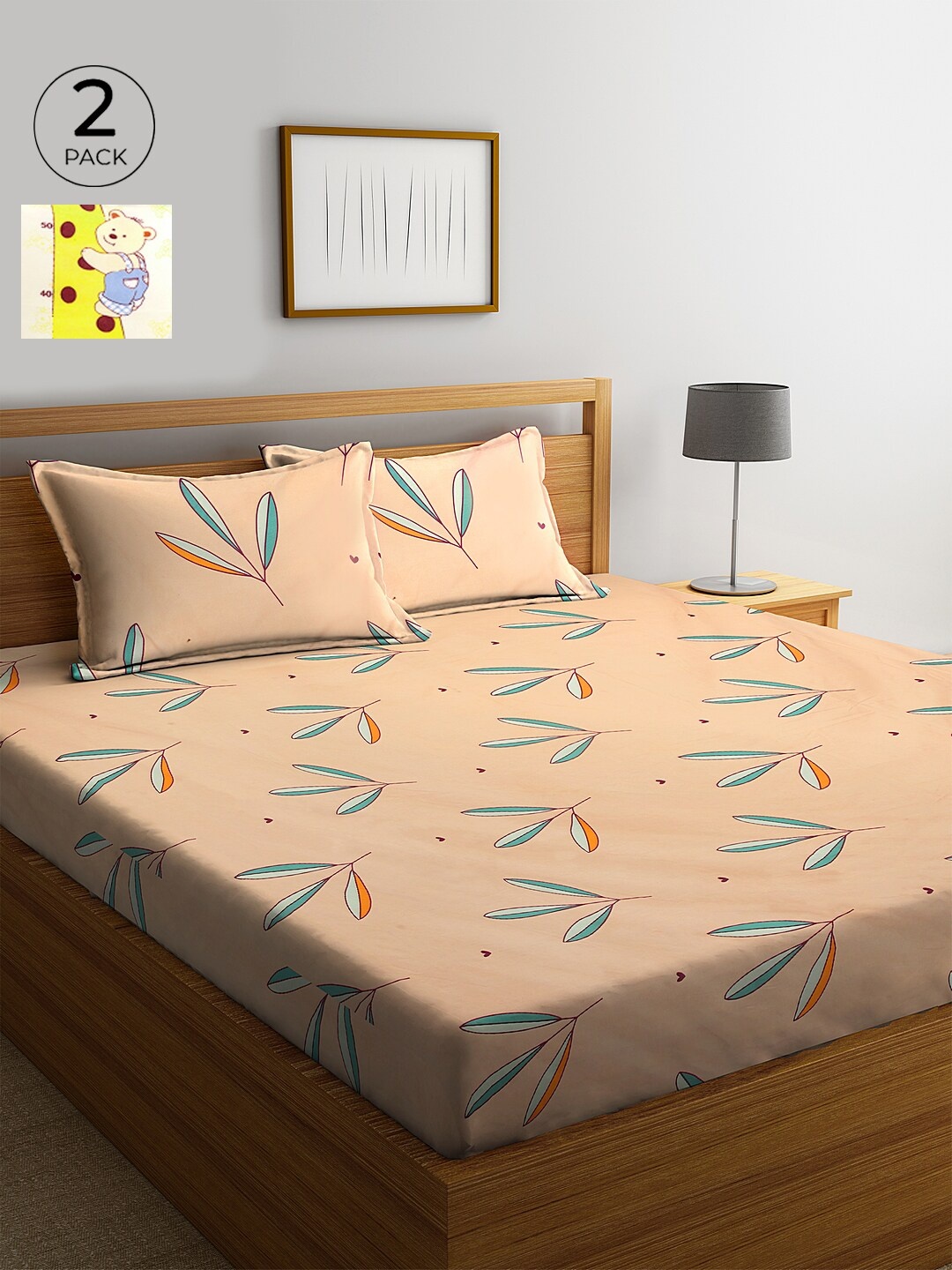 

KLOTTHE 210 TC Set of 2 Cotton King Bedsheet with 4 Pillow Covers, Peach