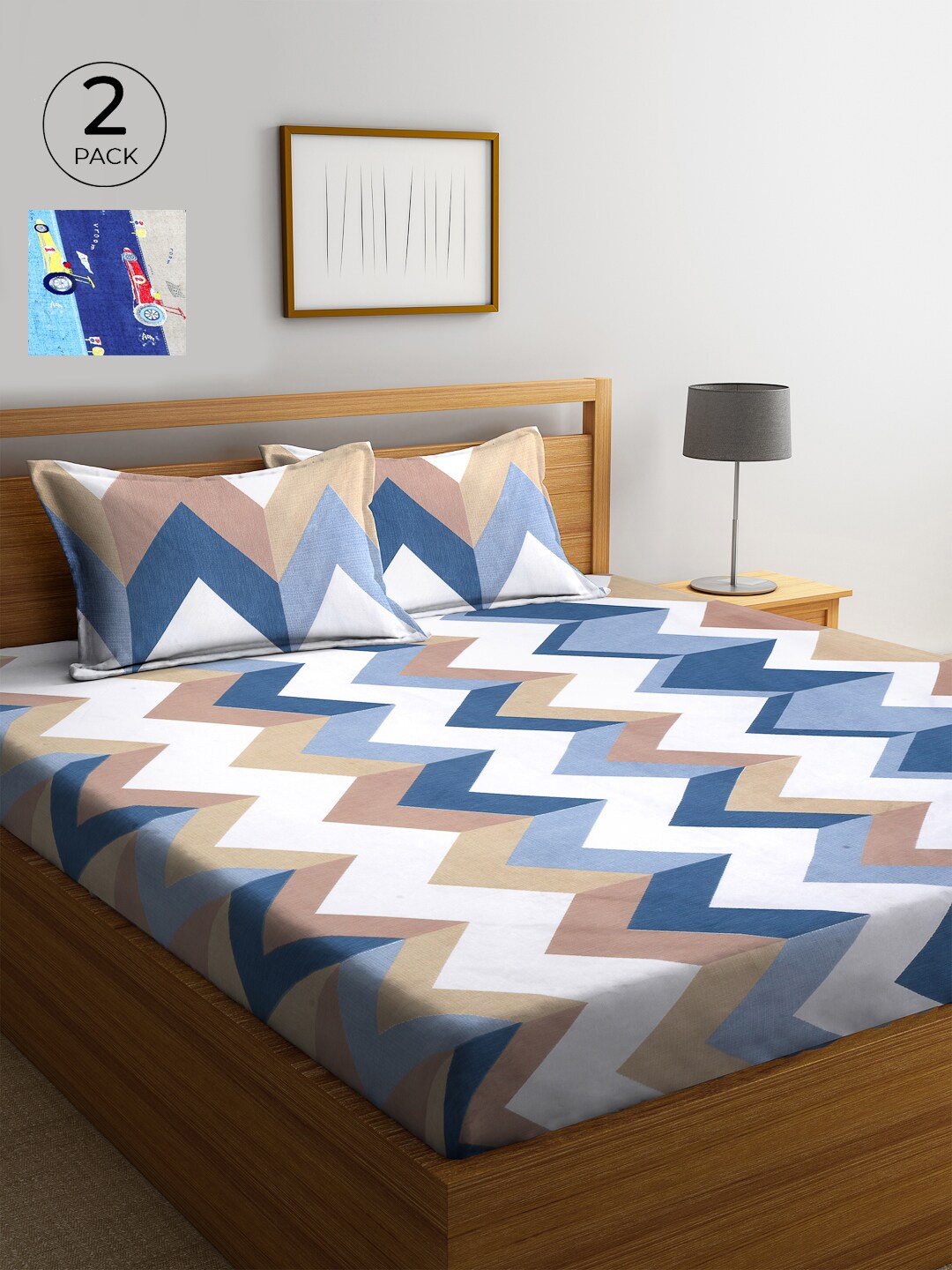 

KLOTTHE White & Blue Graphic 210 TC Cotton 2 King Bedsheet with 4 Pillow Covers