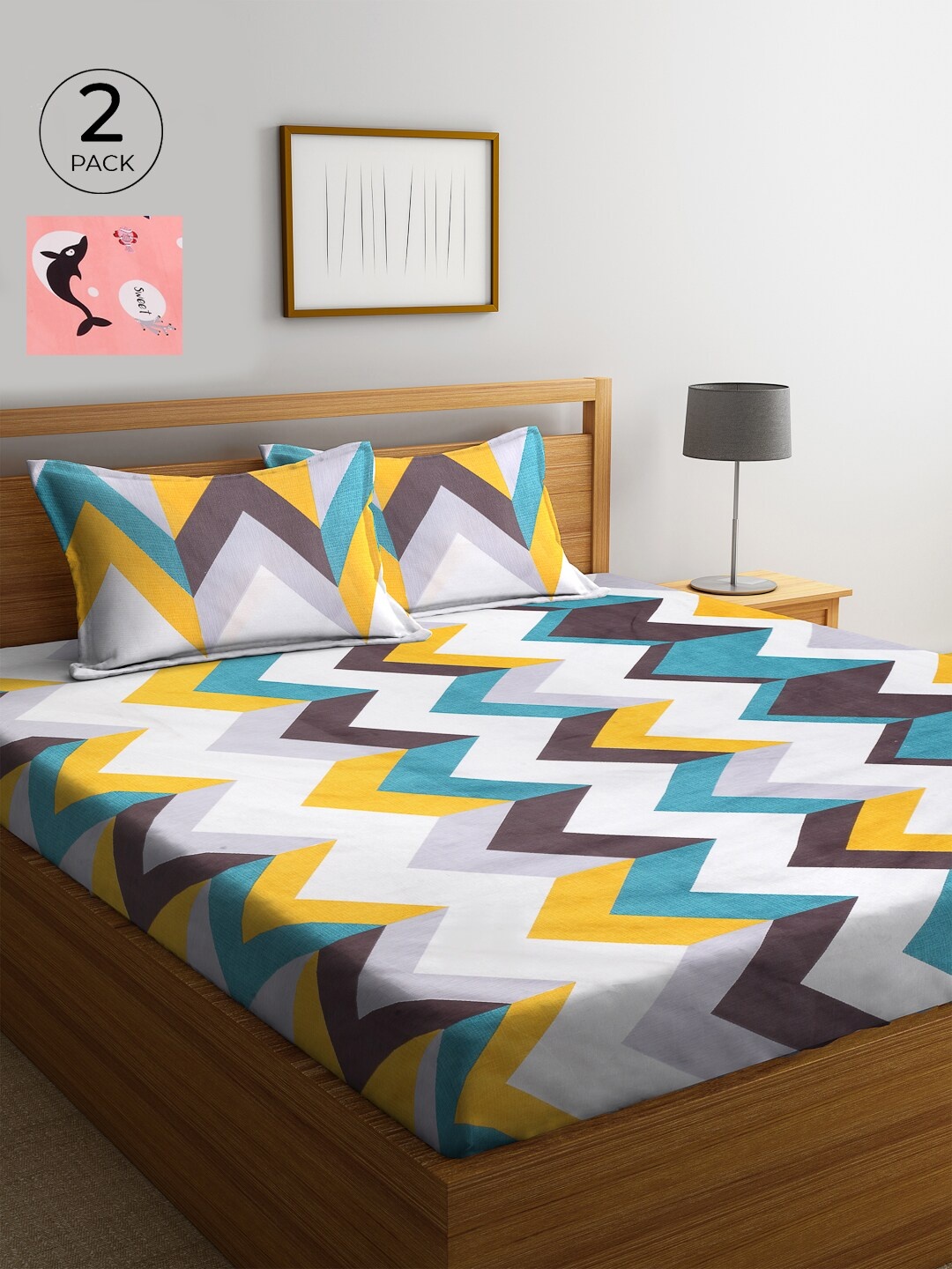 

KLOTTHE White & Pink Geometric 210 TC Cotton 2 King Bedsheet with 4 Pillow Covers