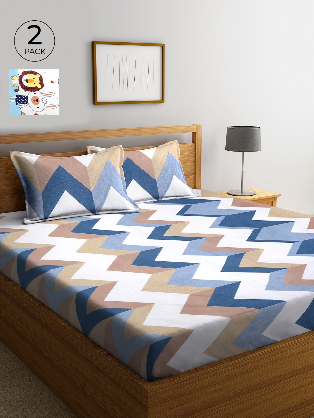 

KLOTTHE White & Blue Geometric 210 TC Cotton 2 King Bedsheet with 4 Pillow Covers