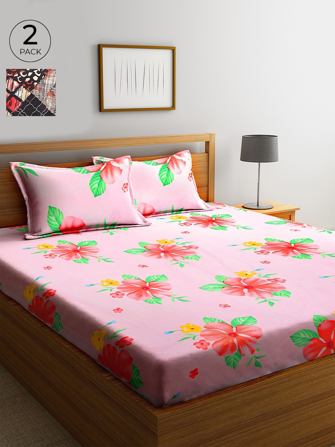 

KLOTTHE Pink & Green Floral 210 TC 2 King Bedsheet with 4 Pillow Covers