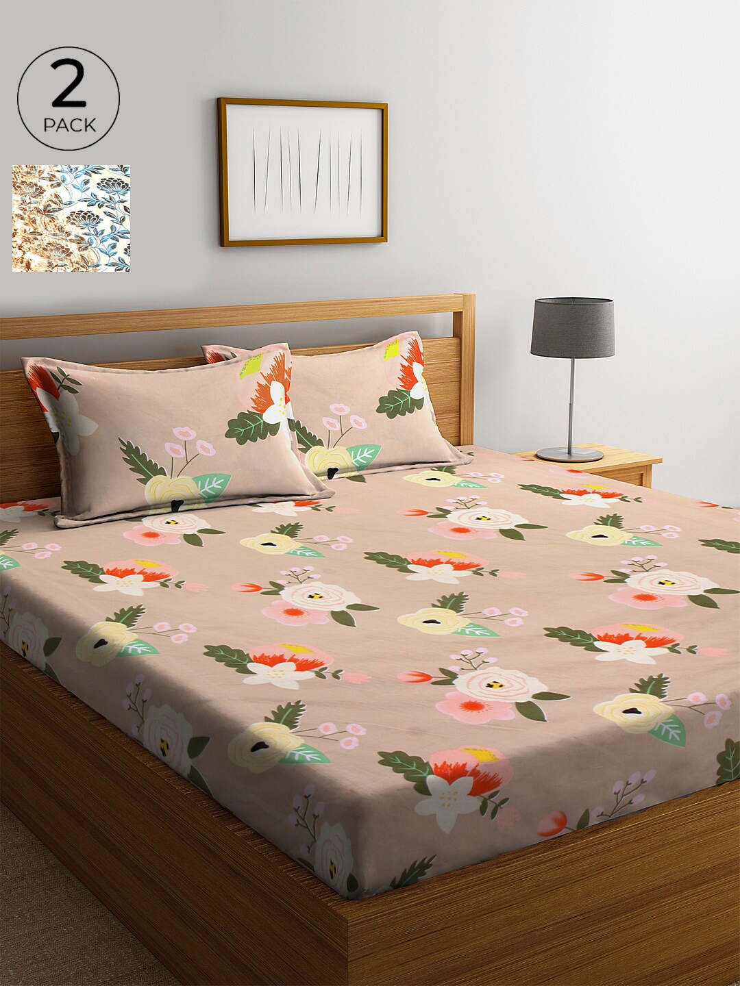 

KLOTTHE Brown & White Floral 210 TC Cotton 2 King Bedsheet with 4 Pillow Covers