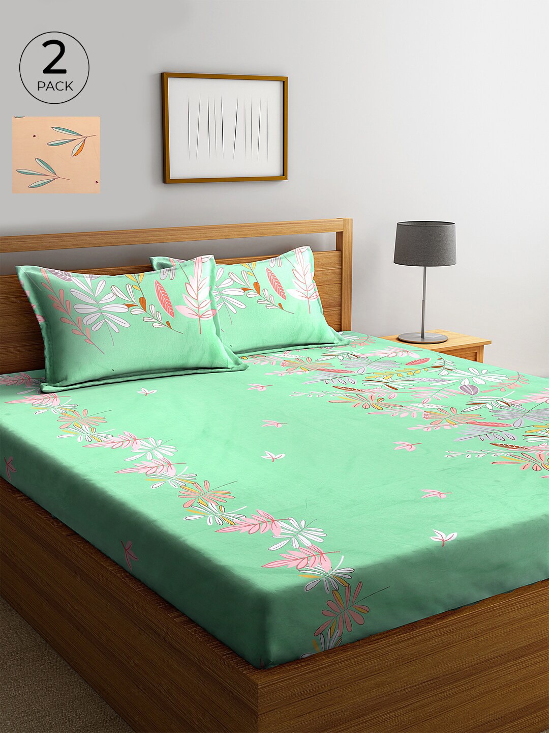 

KLOTTHE Green & Peach-Coloured Floral 210 TC Cotton 2 King Bedsheet with 4 Pillow Covers