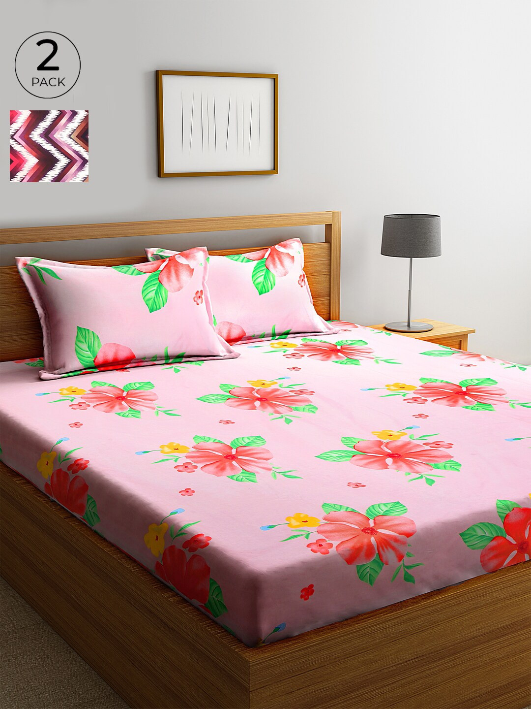 

KLOTTHE Pink & Green Floral 210 TC Cotton 2 King Bedsheet with 4 Pillow Covers