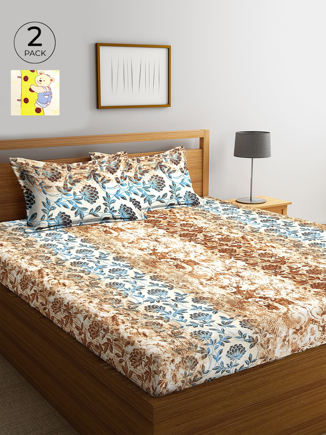 

KLOTTHE Blue & Yellow Conversational 210 TC Cotton 2 King Bedsheet with 4 Pillow Covers