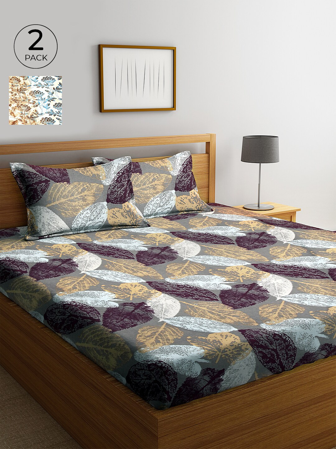 

KLOTTHE Cream-Coloured & Blue Floral 210 TC Cotton 2 King Bedsheet with 4 Pillow Covers