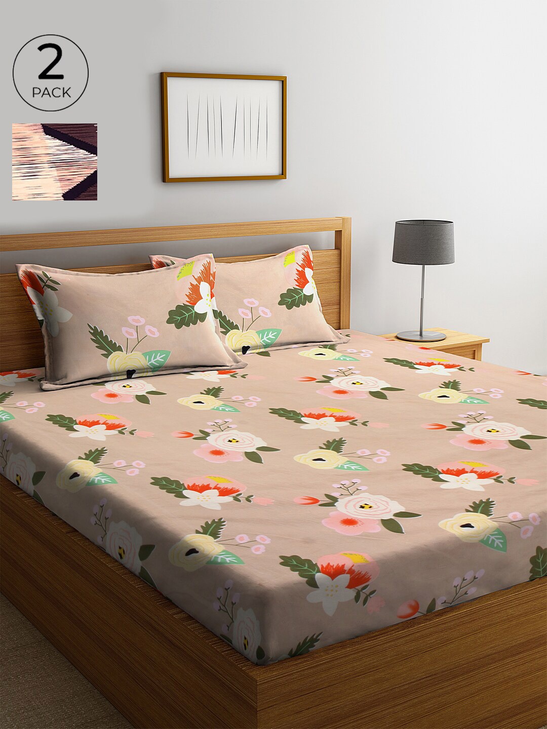

KLOTTHE Peach-coloured Set of Printed 210 TC Cotton 2 King Bedsheet with 4 Pillow Covers