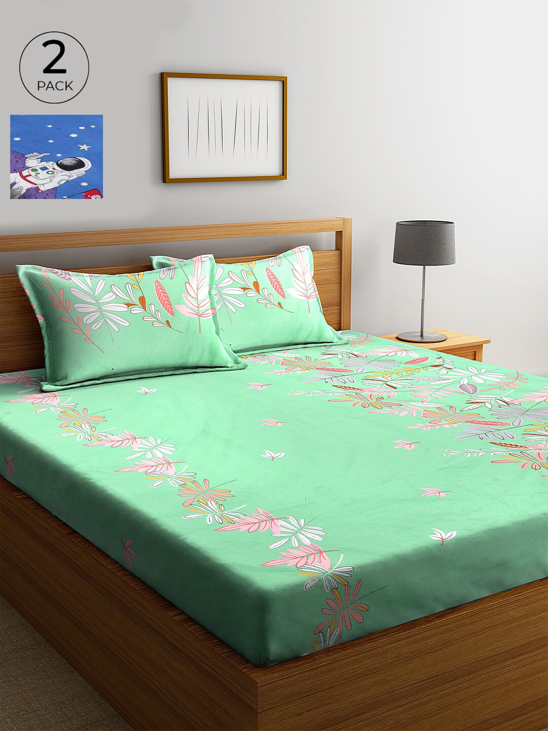 

KLOTTHE Green & Blue Floral 210 TC Cotton 2 King Bedsheet with 4 Pillow Covers