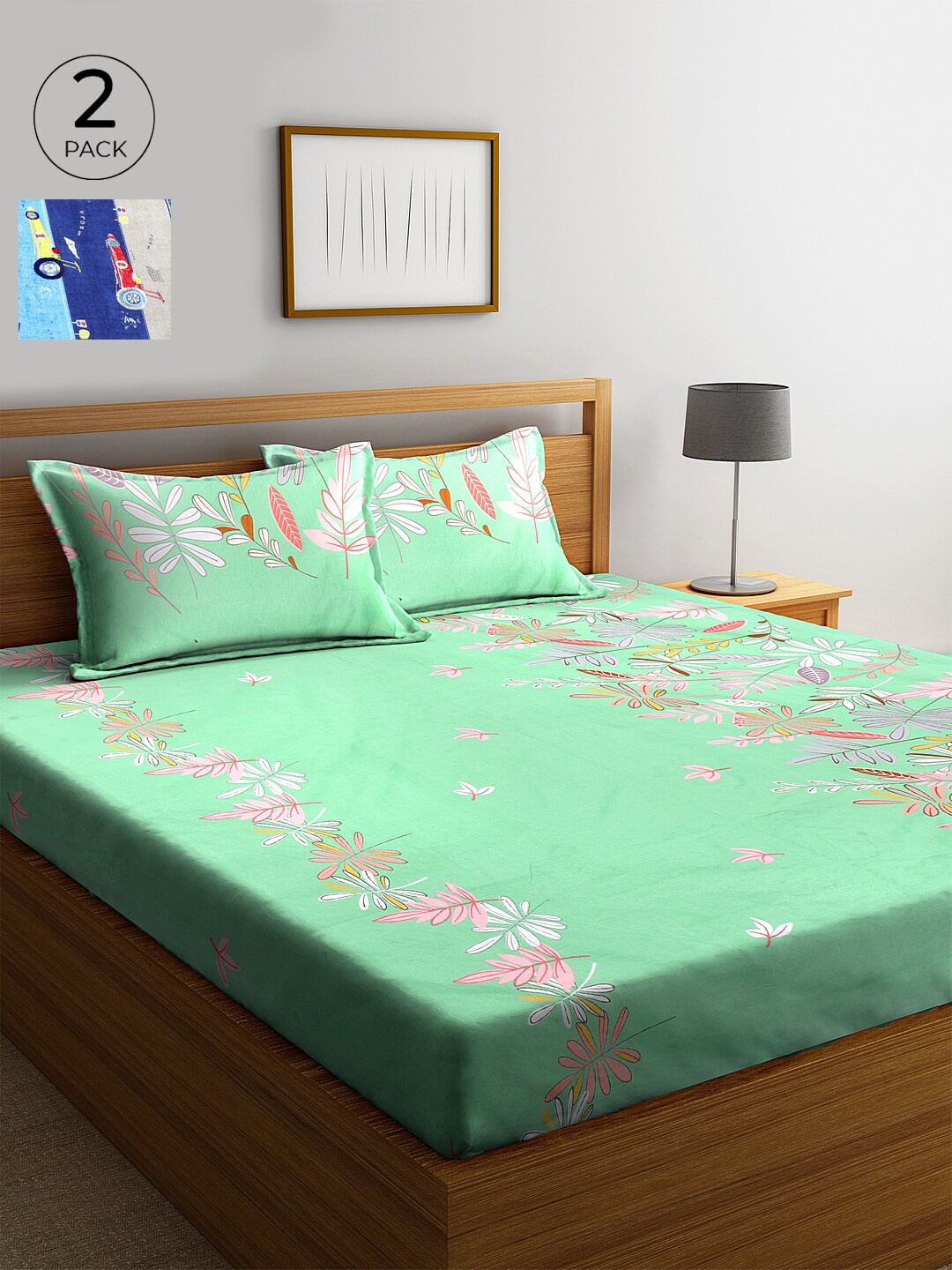 

KLOTTHE 210 TC Set of 2 Cotton King Bedsheet with 4 Pillow Covers, Green