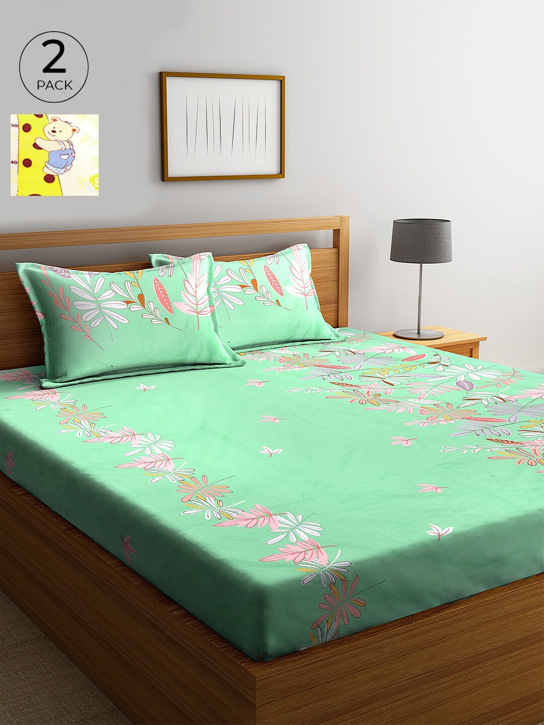 

KLOTTHE 210 TC Set of 2 Cotton King Bedsheet with 4 Pillow Covers, Green