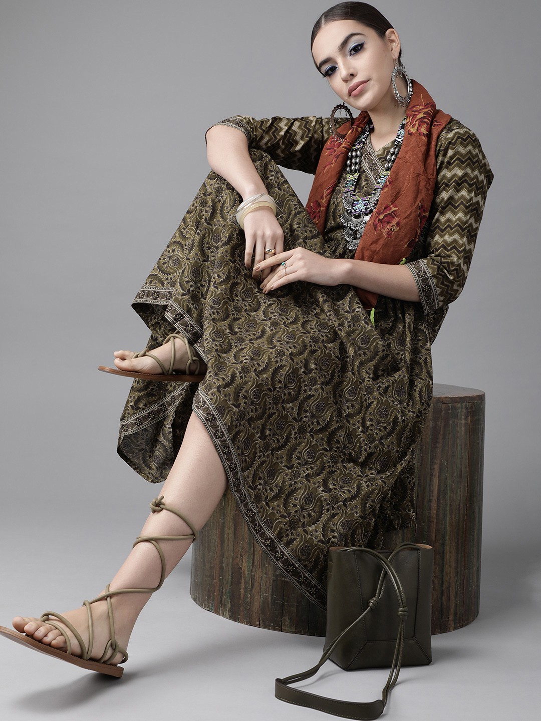 

Libas Olive Green & Grey Cotton Floral Printed Wrap Midi Dress