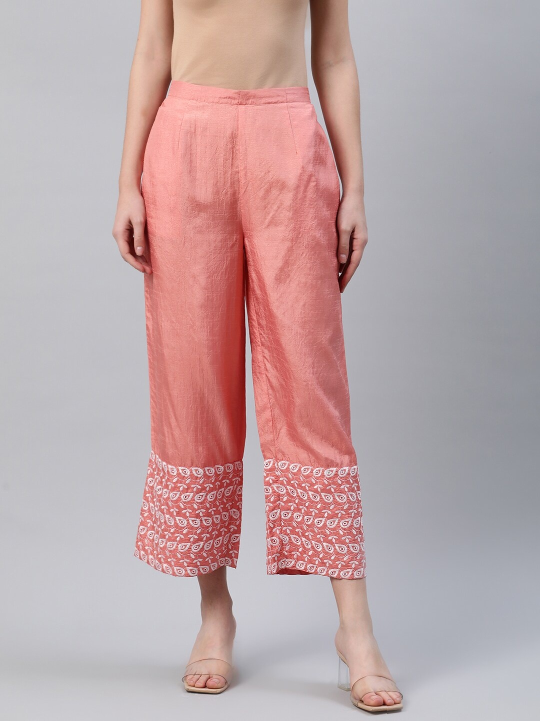 

Libas Women Peach-Coloured & White Hem Design Wide Leg Palazzos