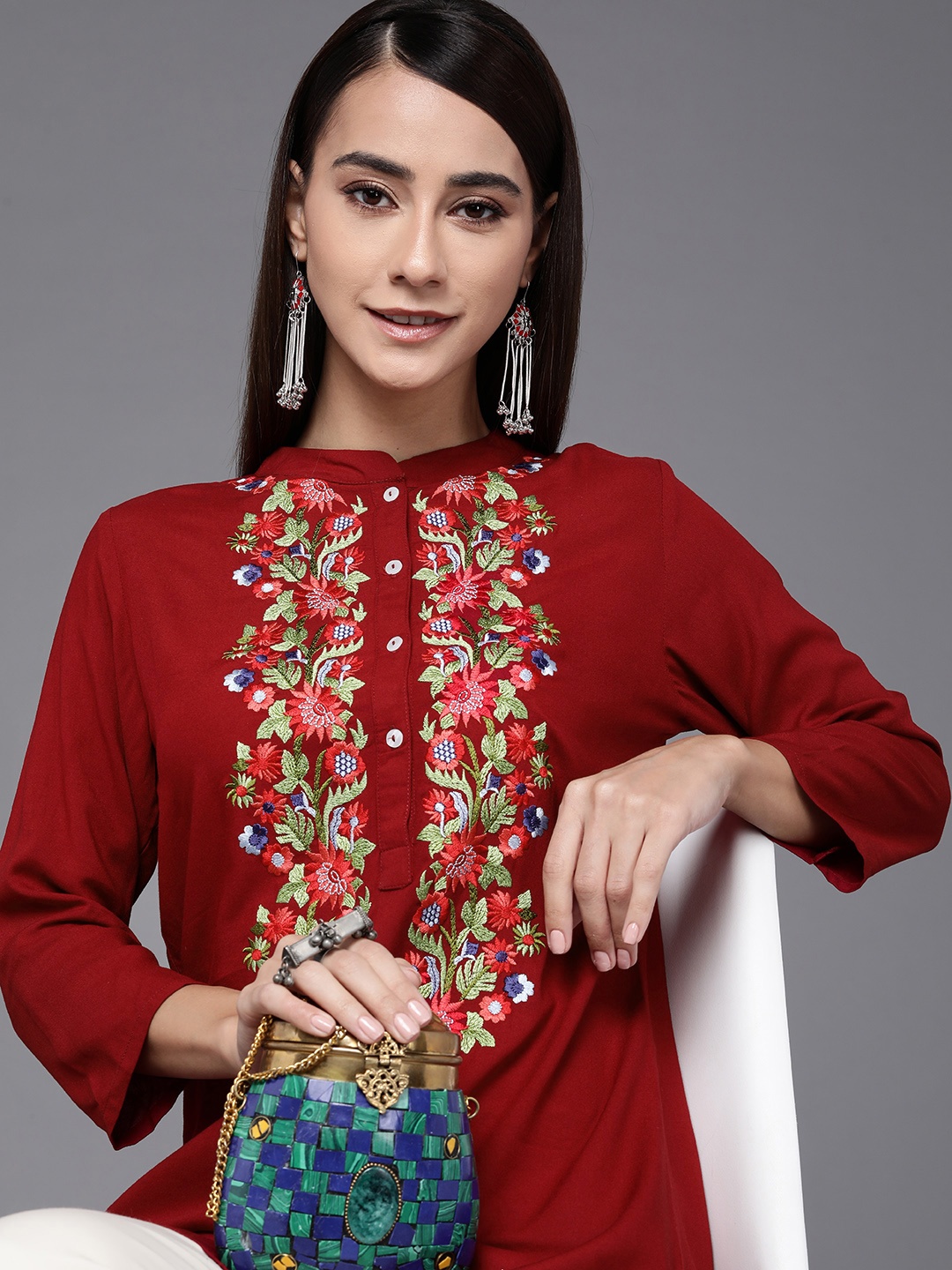 

Libas Maroon Floral Yoke Design Thread Work Kurti