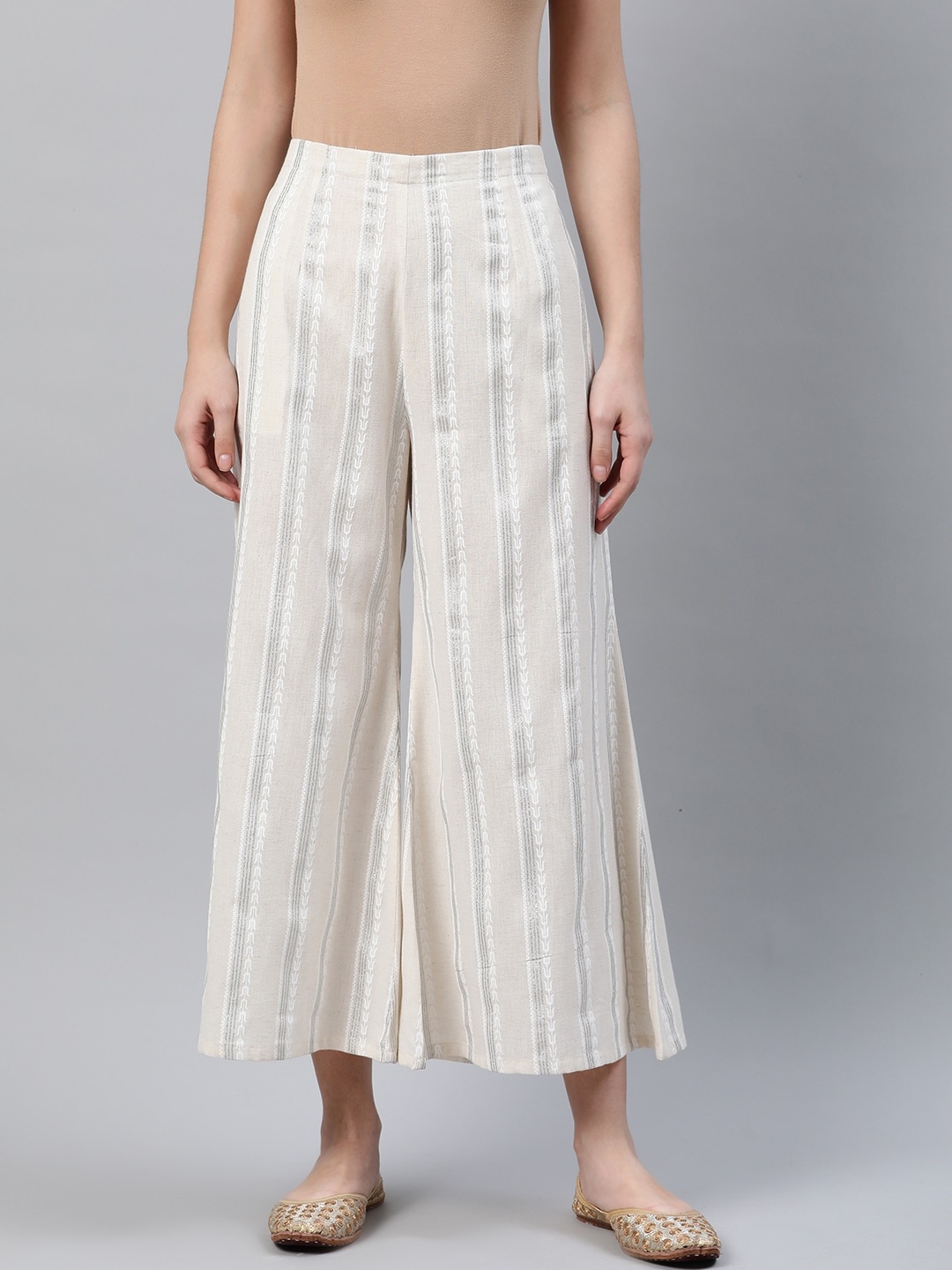 

Libas Women Cream-Coloured & Grey Printed Wide Leg Palazzos