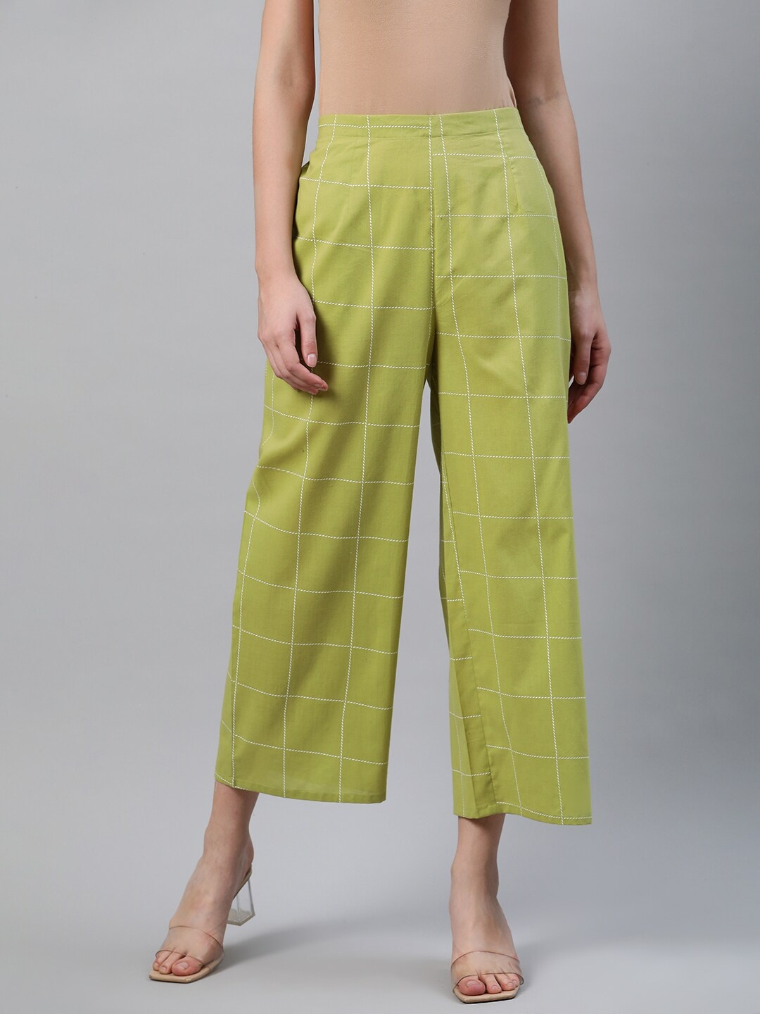 

Libas Women Green & White Checked Wide Leg Palazzos