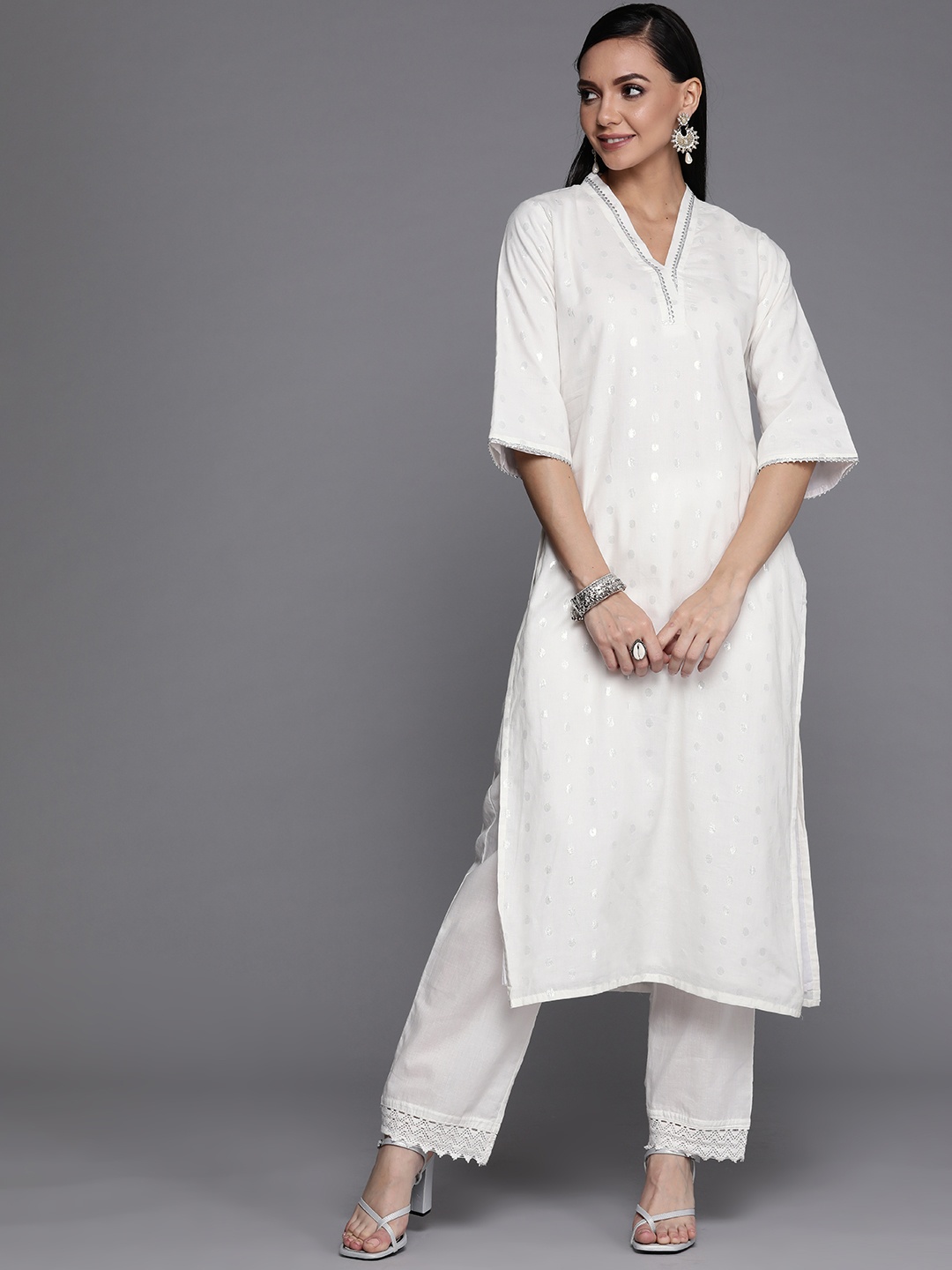 

Libas Women White & Silver Geometric Gotta Patti Kurta