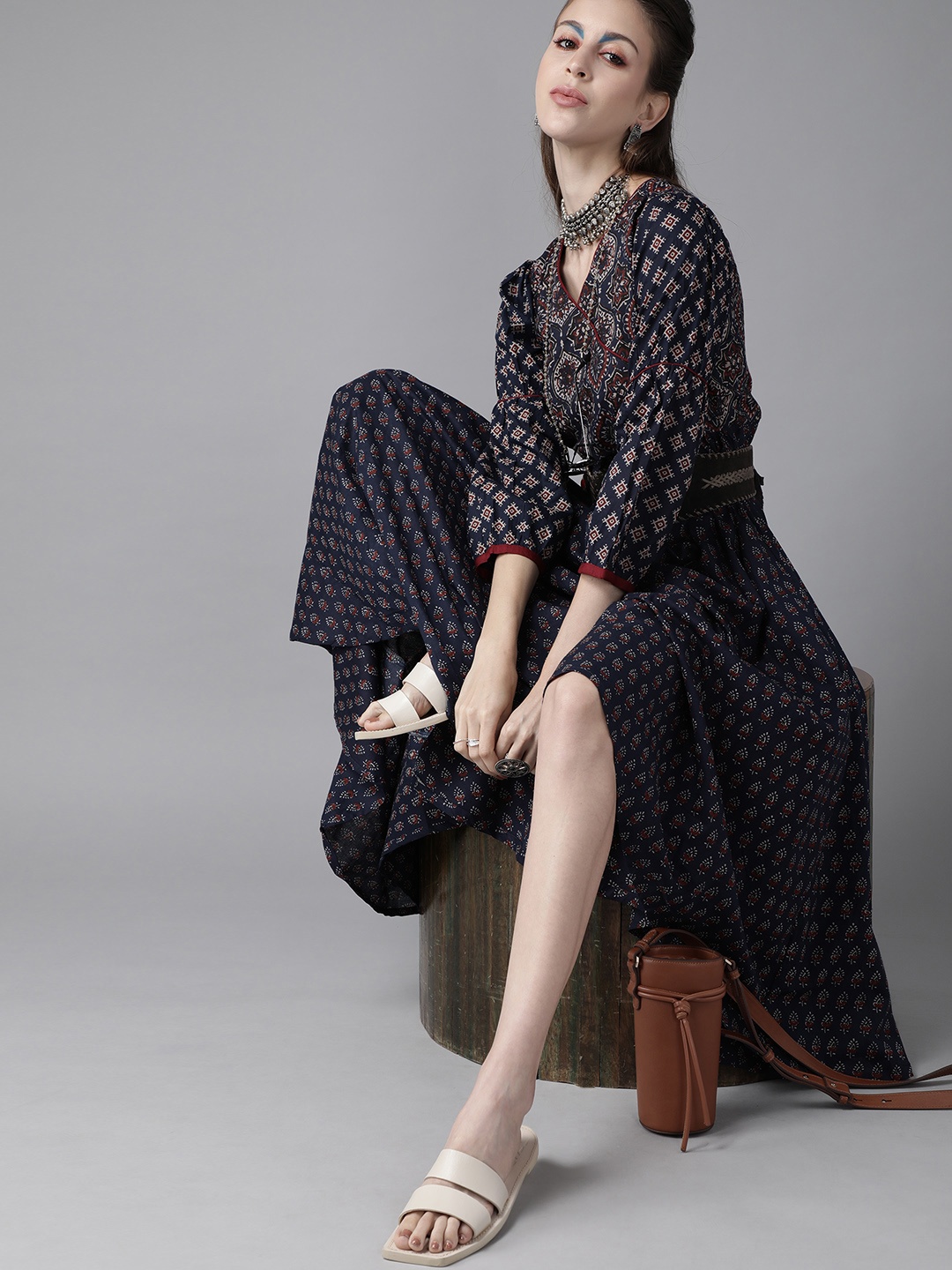 

Libas Navy Blue & Maroon Cotton Ethnic Motifs Printed Wrap Midi Dress