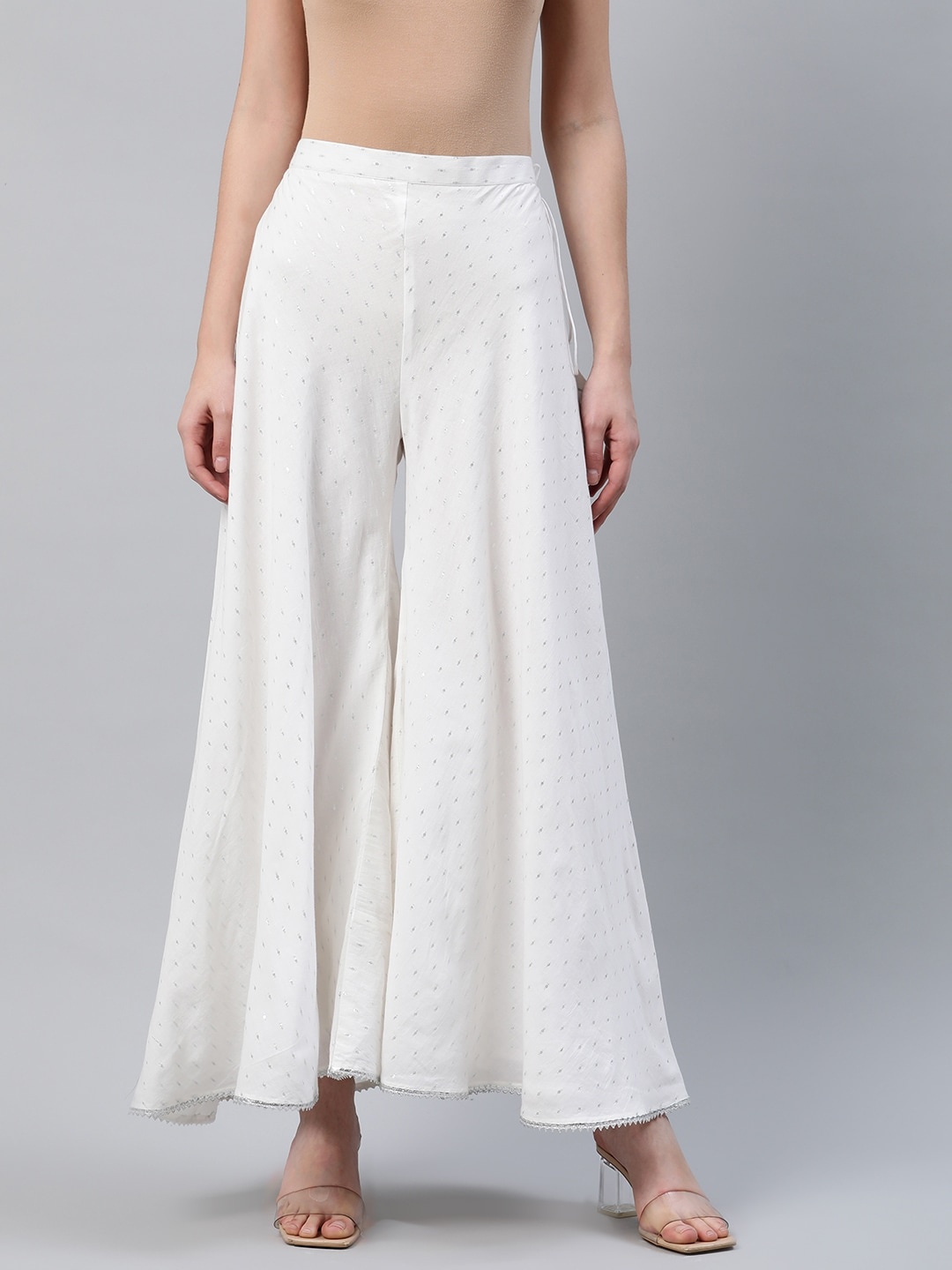

Libas Women White Self Design Flared Cotton Palazzos