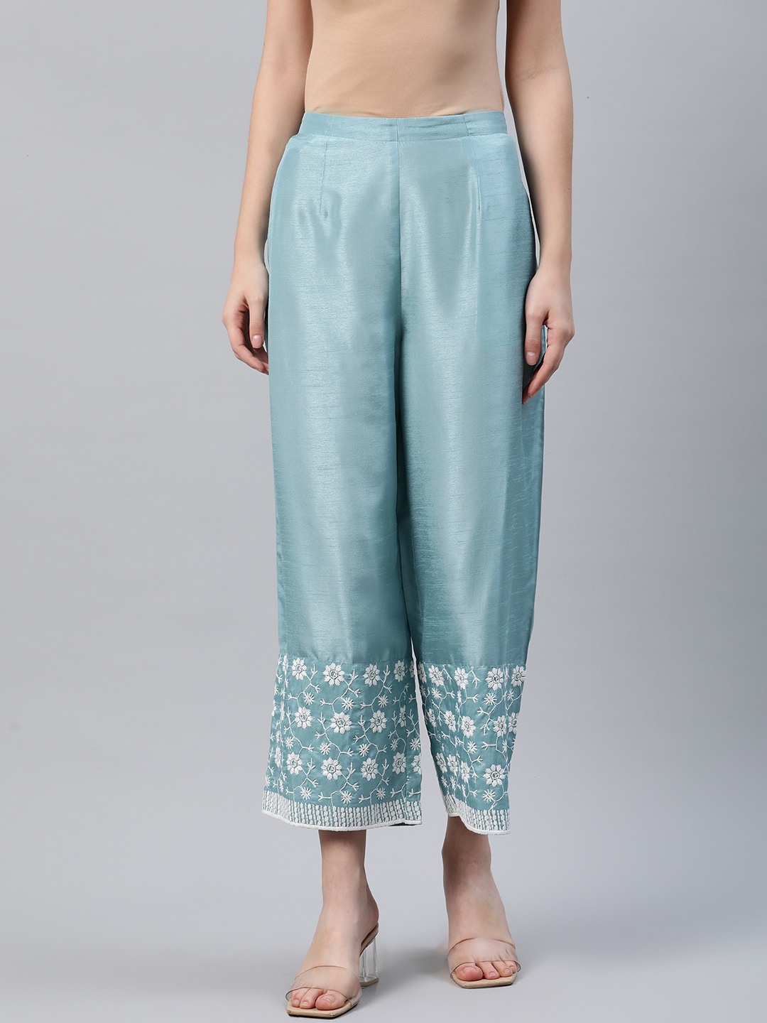 

Libas Women Blue & White Hem Design Wide Leg Palazzos