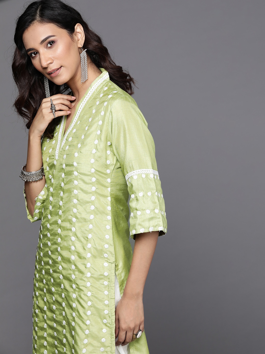

Libas Women Green & White Striped Embroidered Straight Kurta