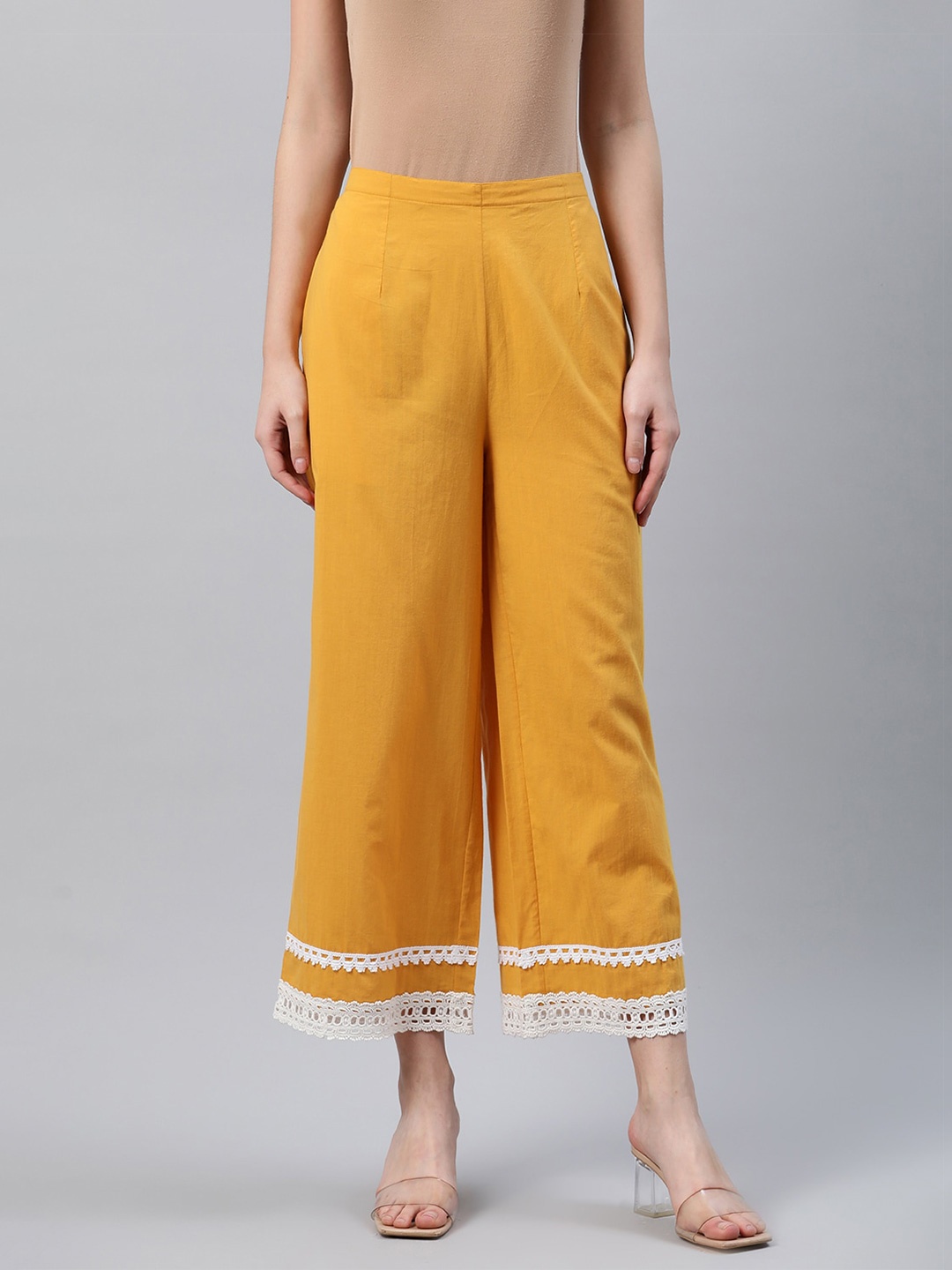 

Libas Women Yellow Hem Design Cotton Wide Leg Palazzos