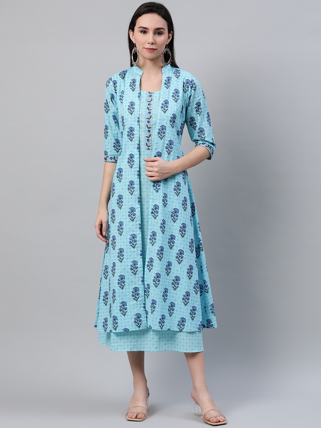 

Libas Blue Floral Motifs A-Line Cotton Midi Dress With Ethnic Jacket