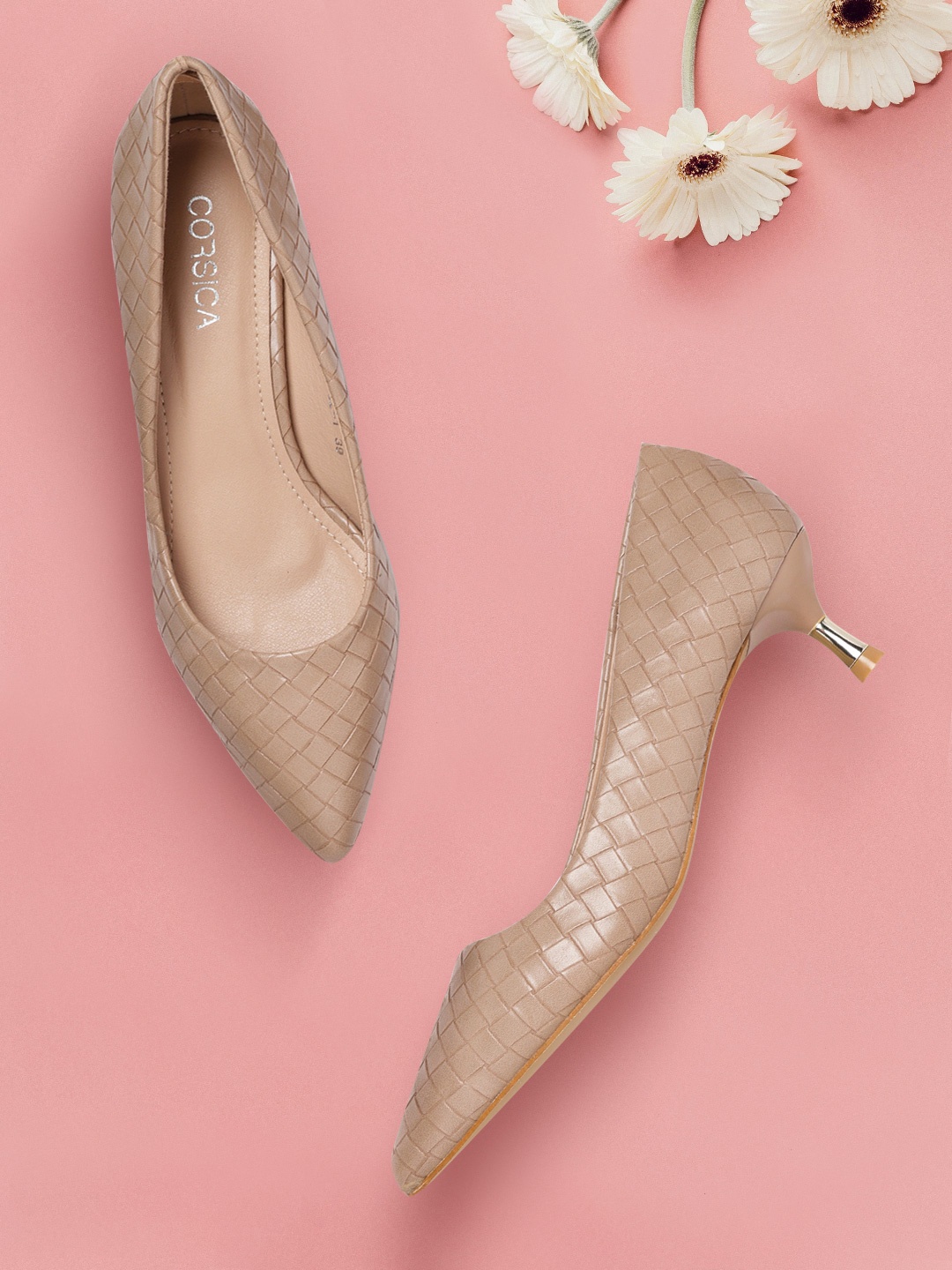 

CORSICA Beige Basketweave Textured Kitten Pumps