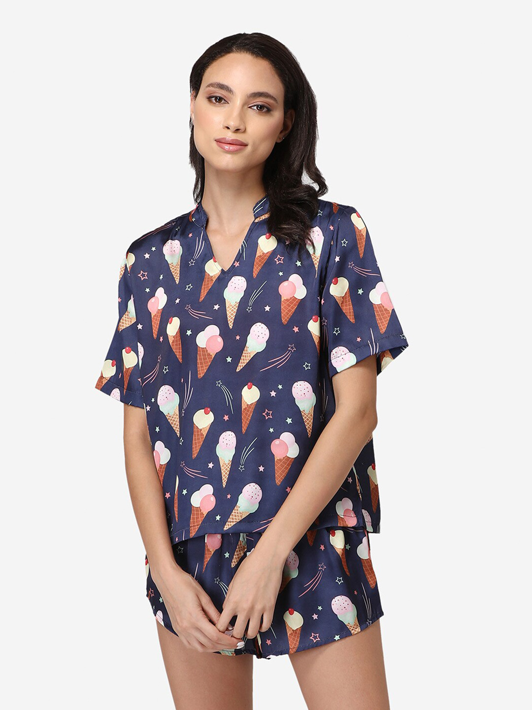 

Fluffalump Women Navy Blue & Brown Printed Night suit