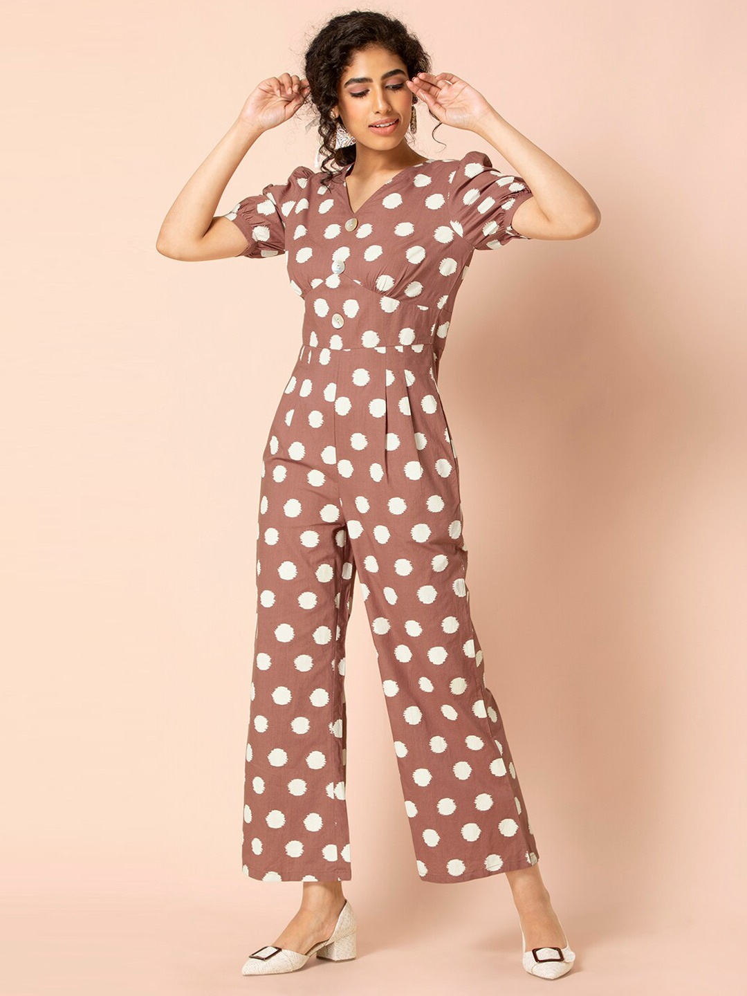 

Earthen BY INDYA Pink Printed Bell Bottom Jumpsuit, Brown