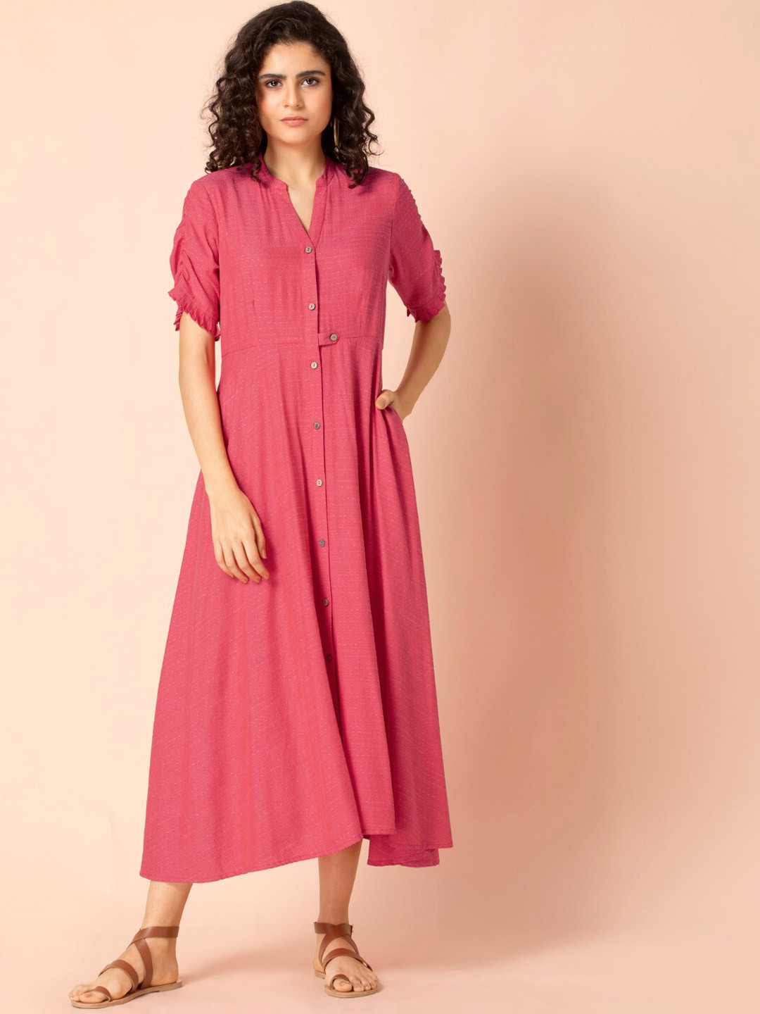 

Earthen BY INDYA Pink Viscose Buttoned Maxi Tunic