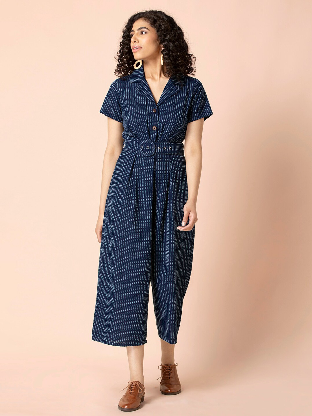 

Earthen BY INDYA Blue Buckle Belted Collared Jumpsuit