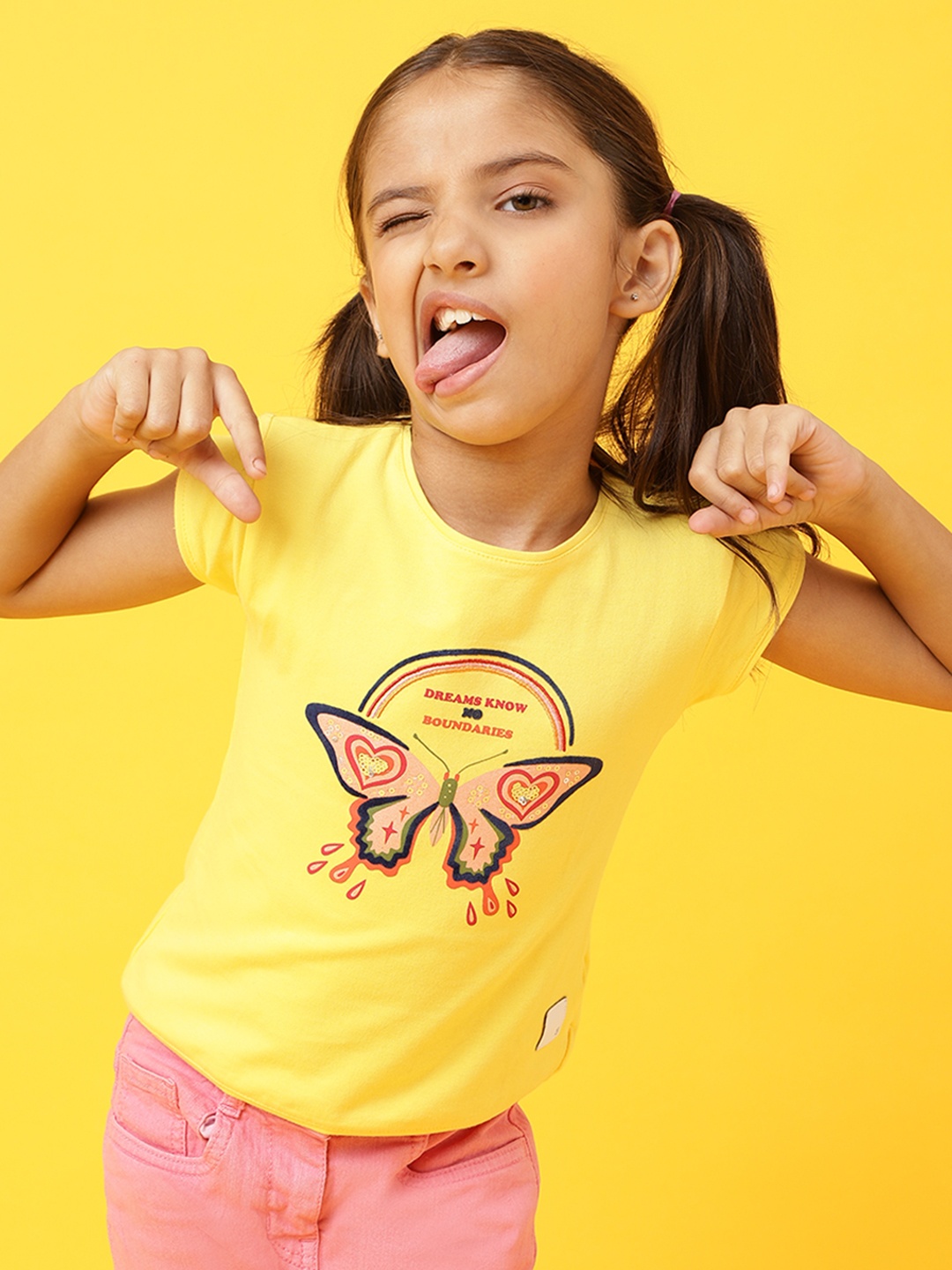 

TALES & STORIES Girls Yellow & Navy Blue Printed Round Neck T-shirt
