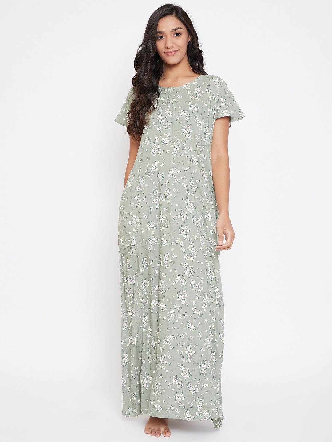 

The Kaftan Company Olive Green & White Printed Nightdress