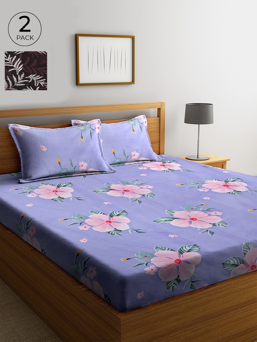 

KLOTTHE Lavender & Pink Floral 210 TC Cotton 2 King Bedsheet with 4 Pillow Covers