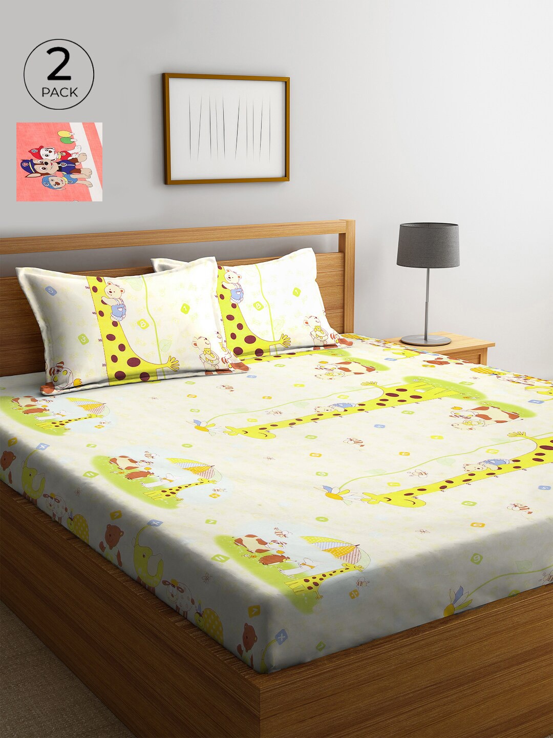 

KLOTTHE Cream-Coloured & Yellow Graphic 210 TC Cotton 2 King Bedsheet with 4 Pillow Covers